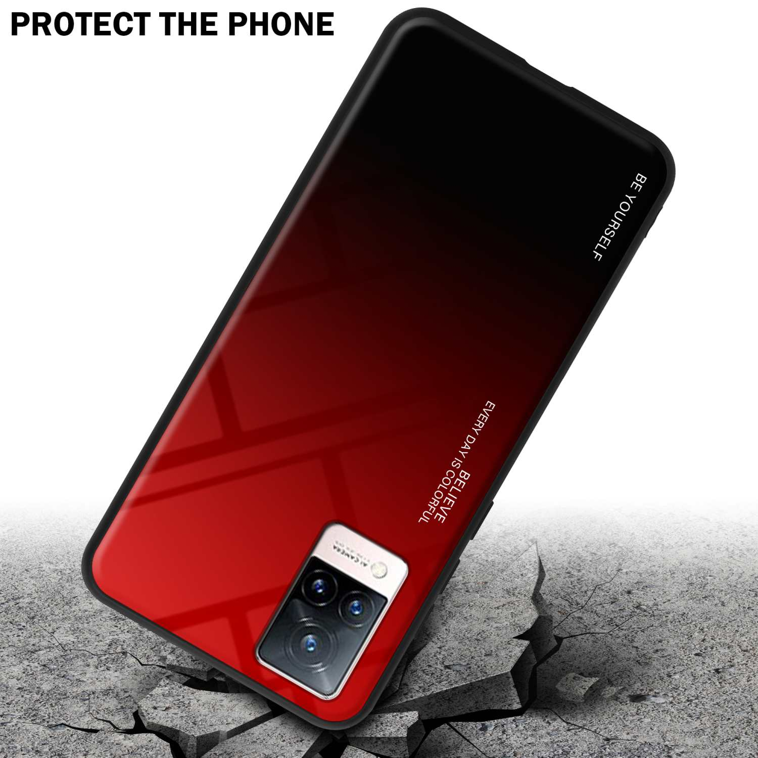 Un telefono con una custodia sfumata nera-rossa giace su cemento crepato. La custodia ha una fotocamera.