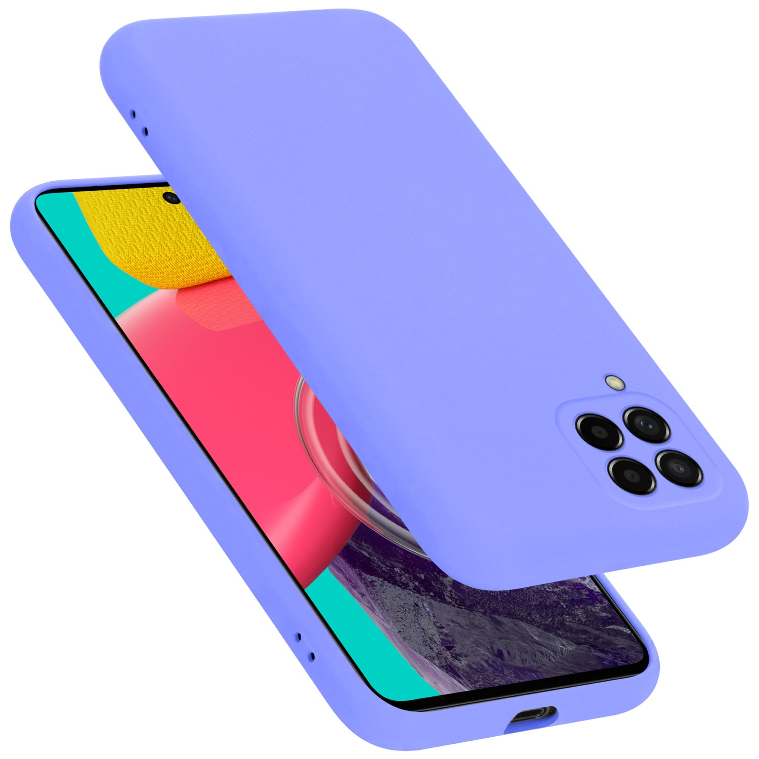 Eine hellviolette Handyhülle mit dem Telefon darin. Das Telefon hat einen gelben und rosa Hintergrund.