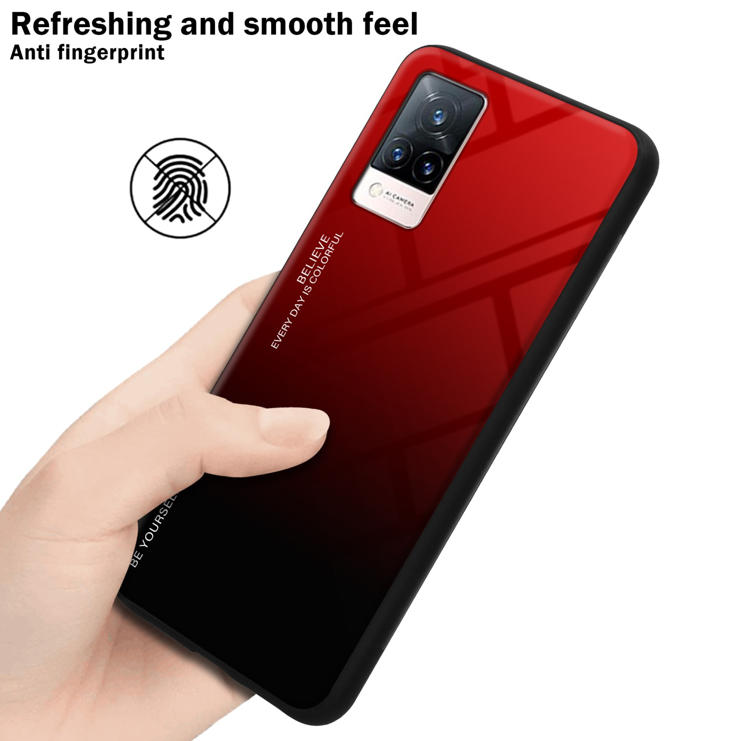 Custodia per telefono sfumata rossa e nera. Mano che tiene il telefono. Icona impronta digitale.