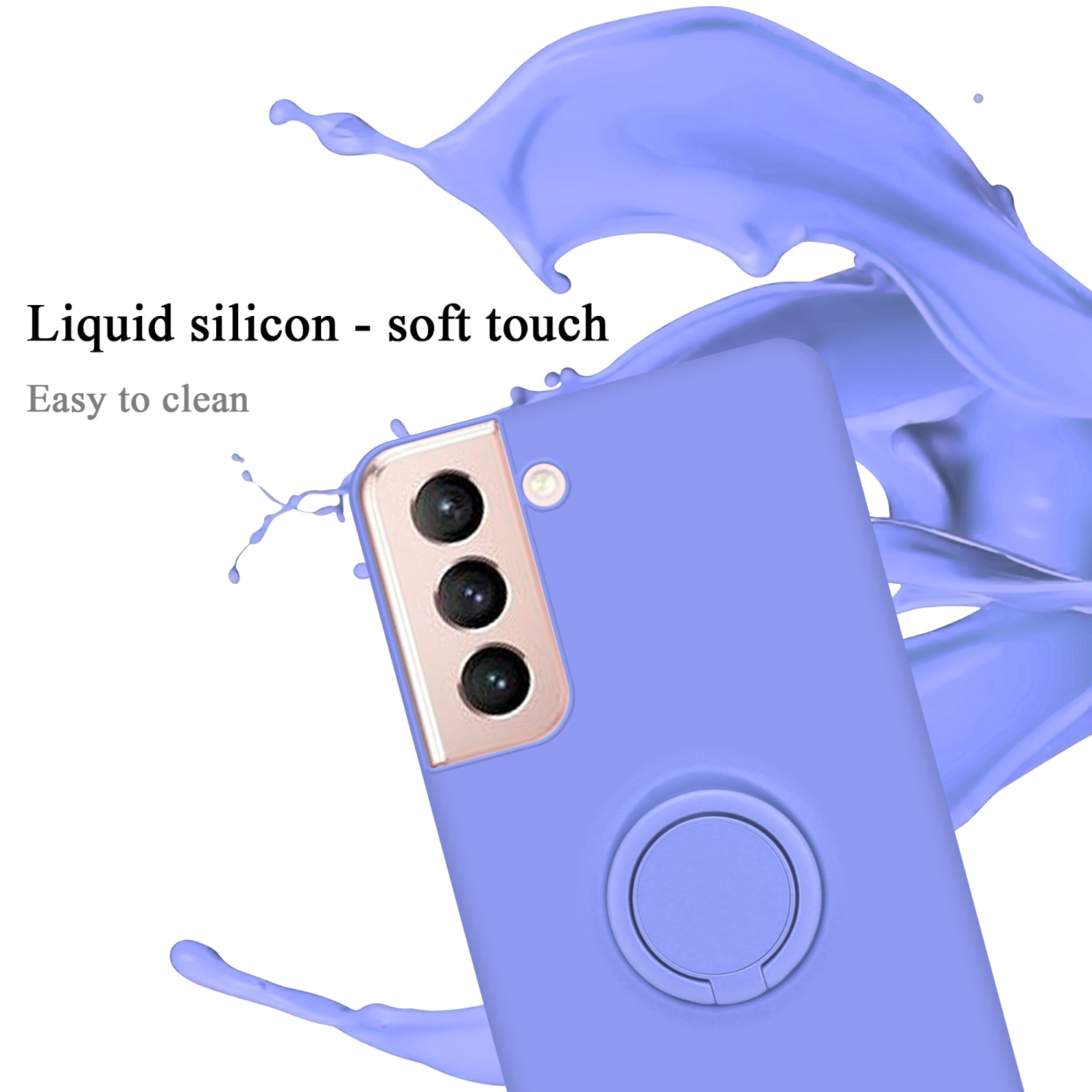 Custodia per telefono lilla con anello di supporto e schizzo di liquido. Testo: 'Silicone liquido - tocco morbido'. 'Facile da pulire'.