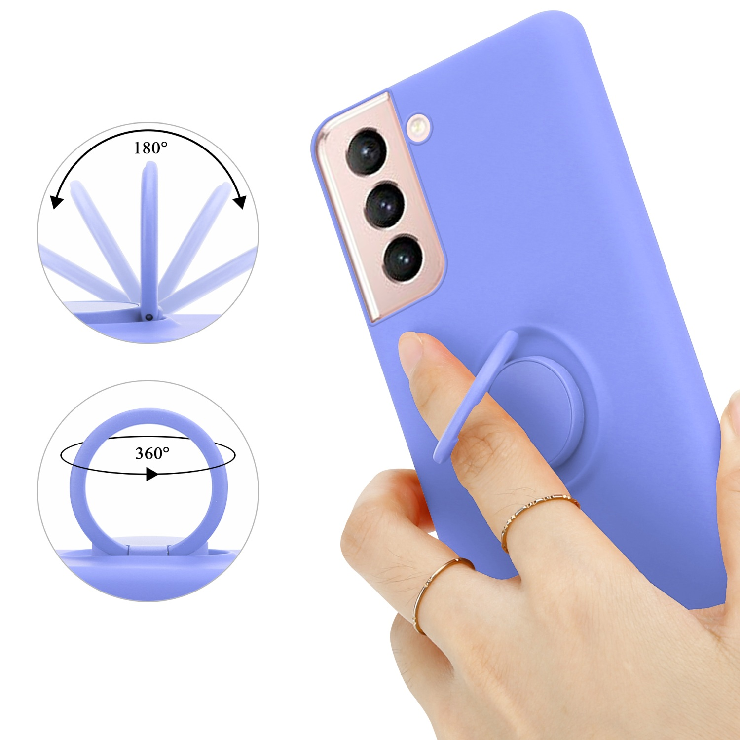 Una custodia per telefono lavanda con un supporto ad anello. Mano con anelli che tiene il supporto ad anello.