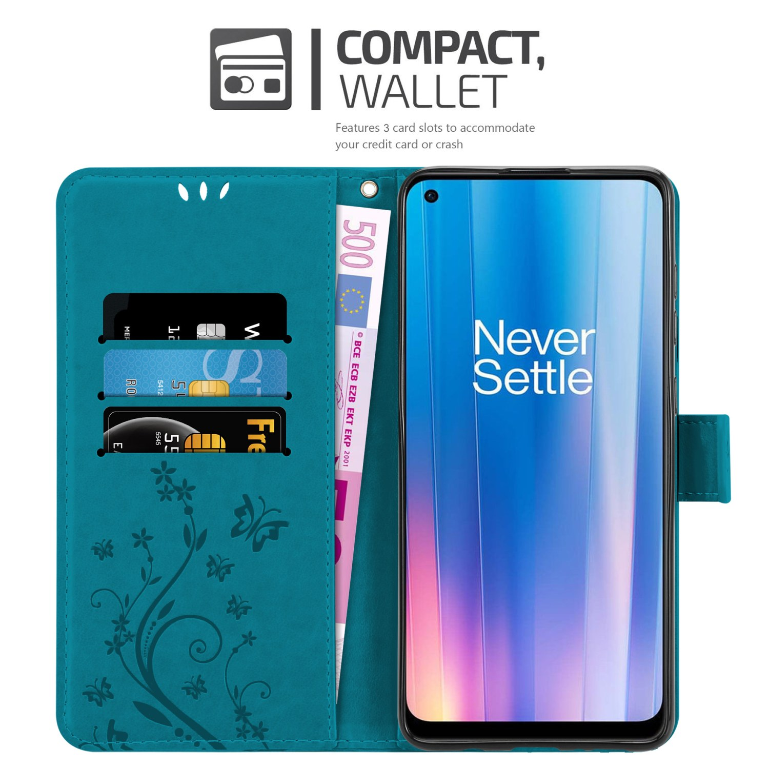 CADORABO Hülle Blumen 5G, Flower CE FLORAL OnePlus, Case, Muster 2 Bookcover, Nord BLAU