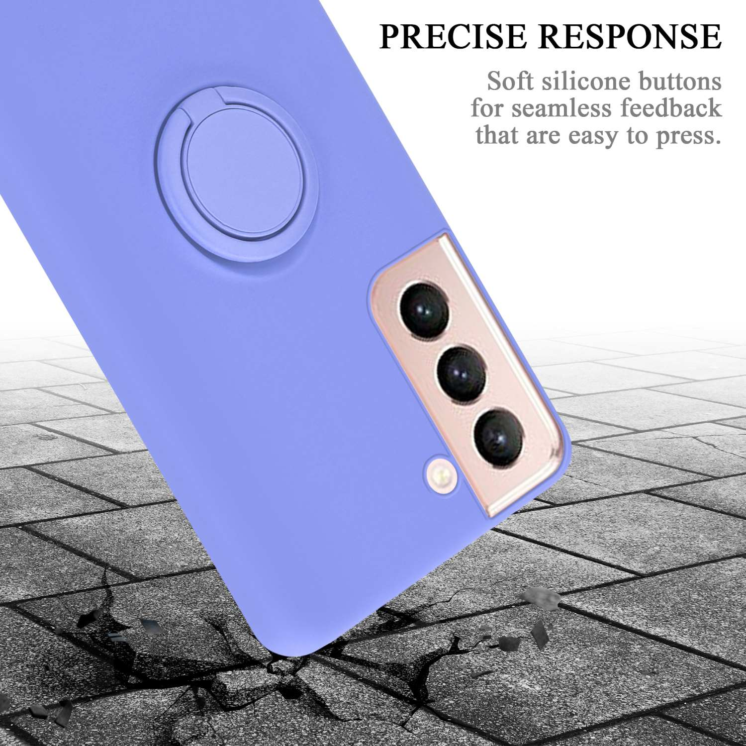Una custodia per telefono blu con un supporto ad anello. La custodia è su uno sfondo strutturato.