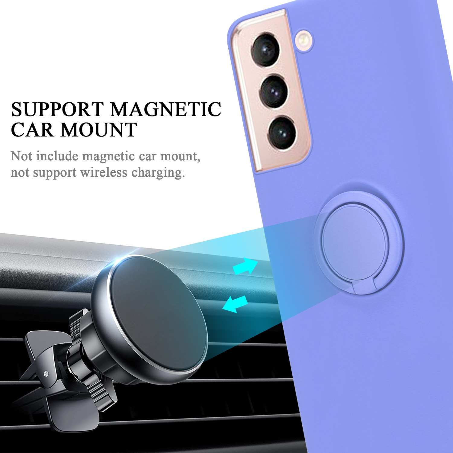 Custodia viola per telefono con supporto magnetico per auto. Una freccia blu mostra l'attrazione magnetica.