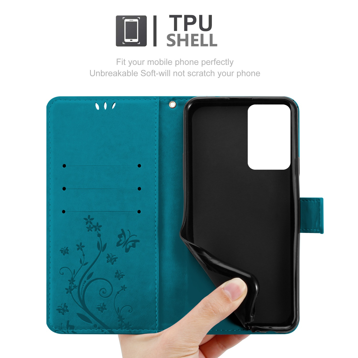 Una custodia per telefono verde acqua con un telefono nero all'interno. Motivo floreale e una mano che lo tiene.