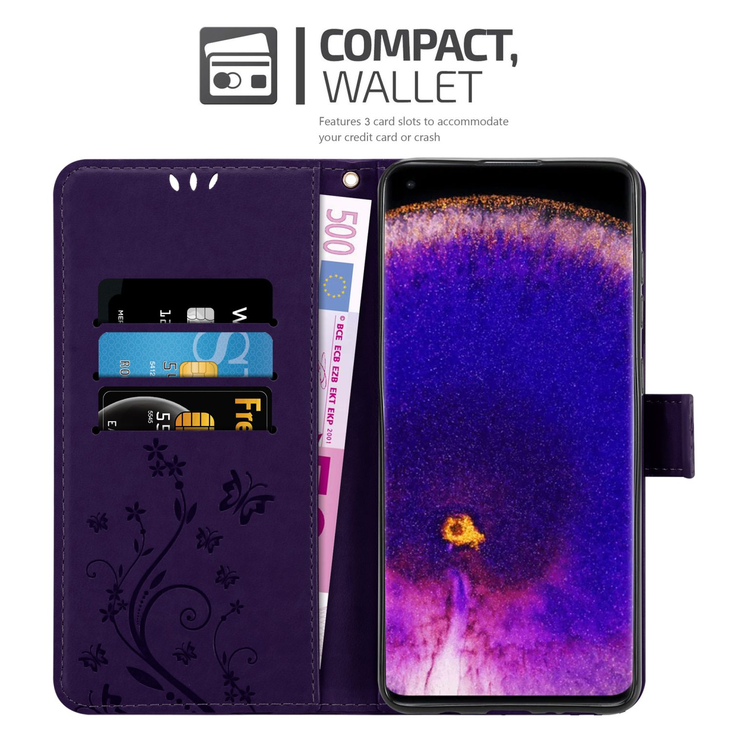 Portafoglio per telefono viola aperto, con carte e denaro. Schermo del telefono visibile.