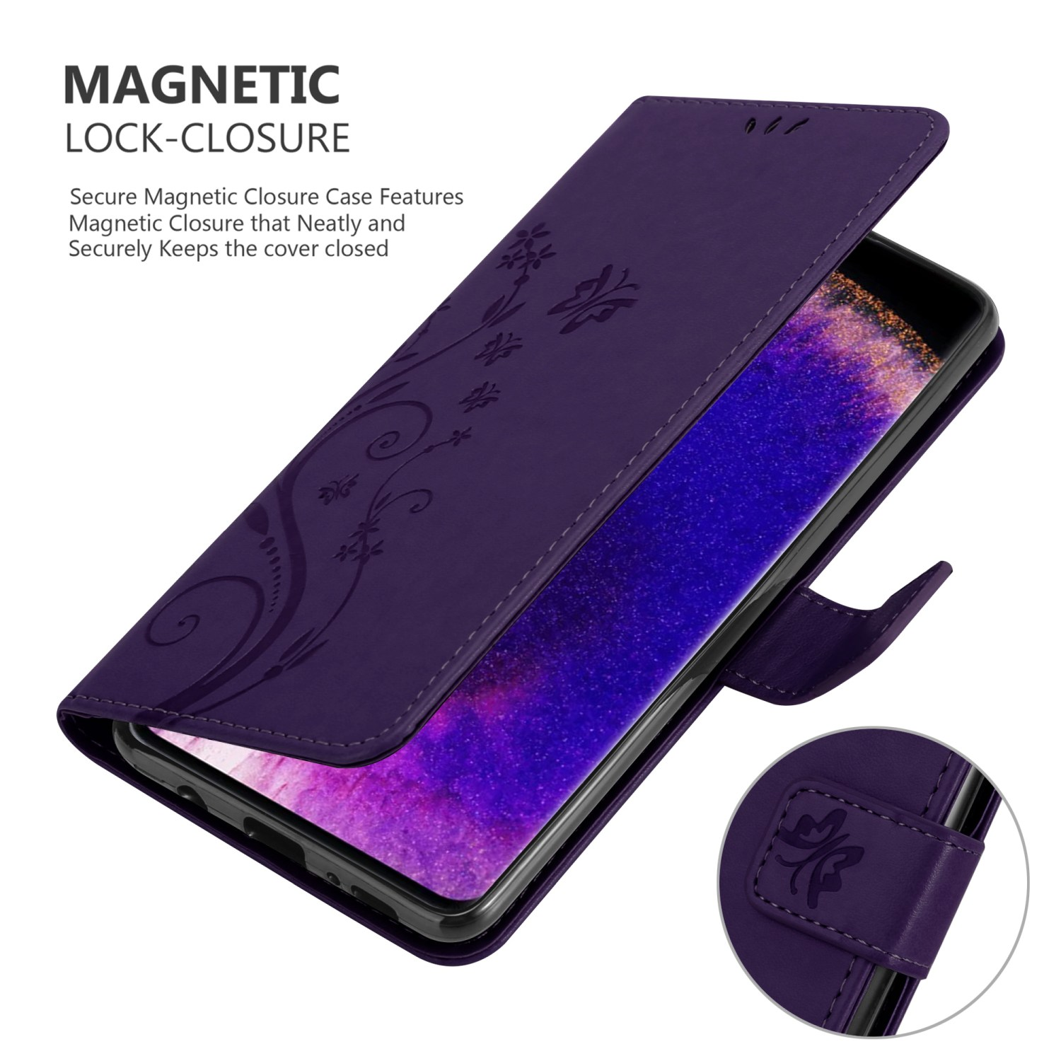Custodia viola con telefono all'interno. Testo: Chiusura magnetica. Design floreale decorativo.