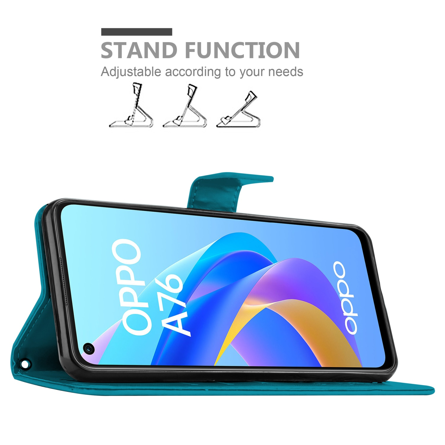Un telefono è in una custodia per telefono. Il telefono è aperto e in modalità stand. Lo sfondo è bianco.