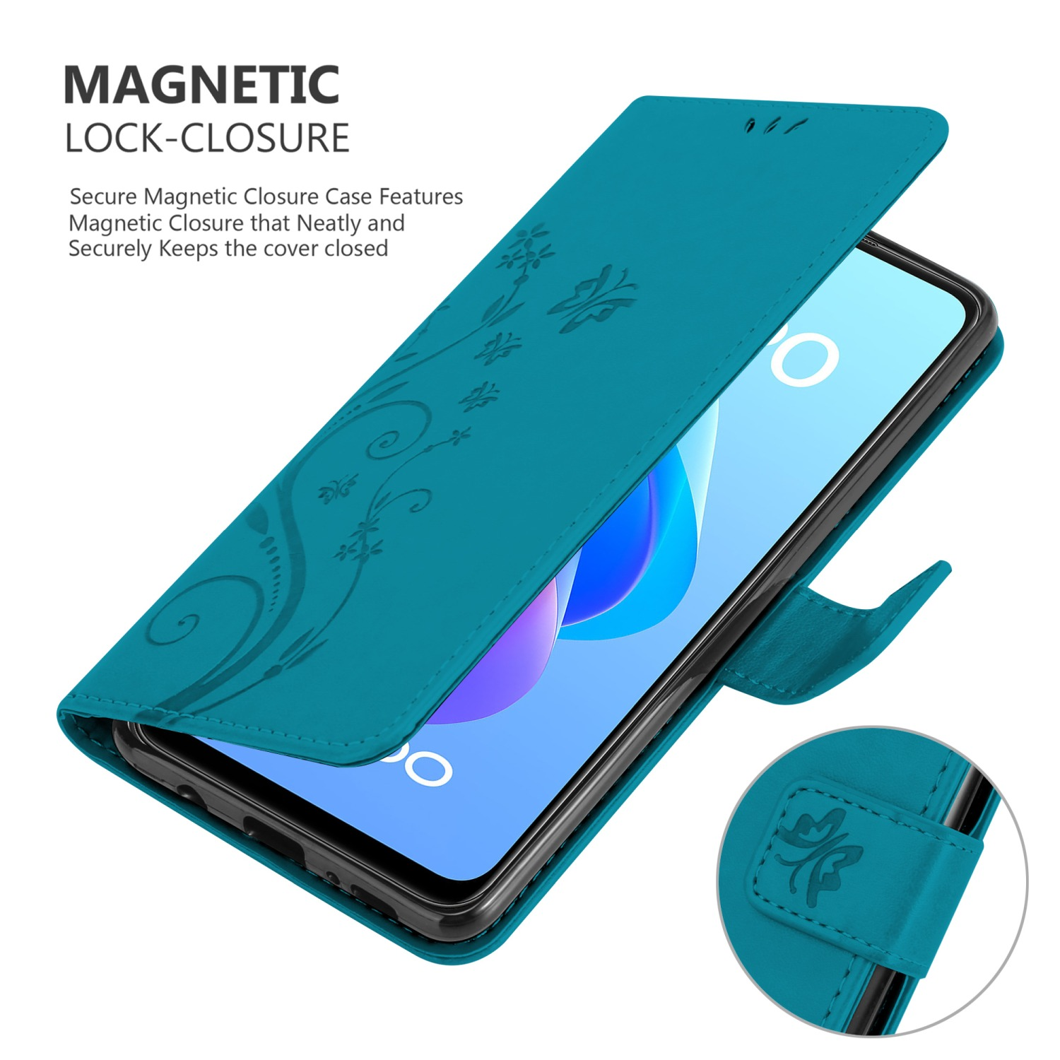 Custodia per telefono turchese con motivo floreale, aperta. Un telefono è visibile all'interno. Chiusura magnetica.