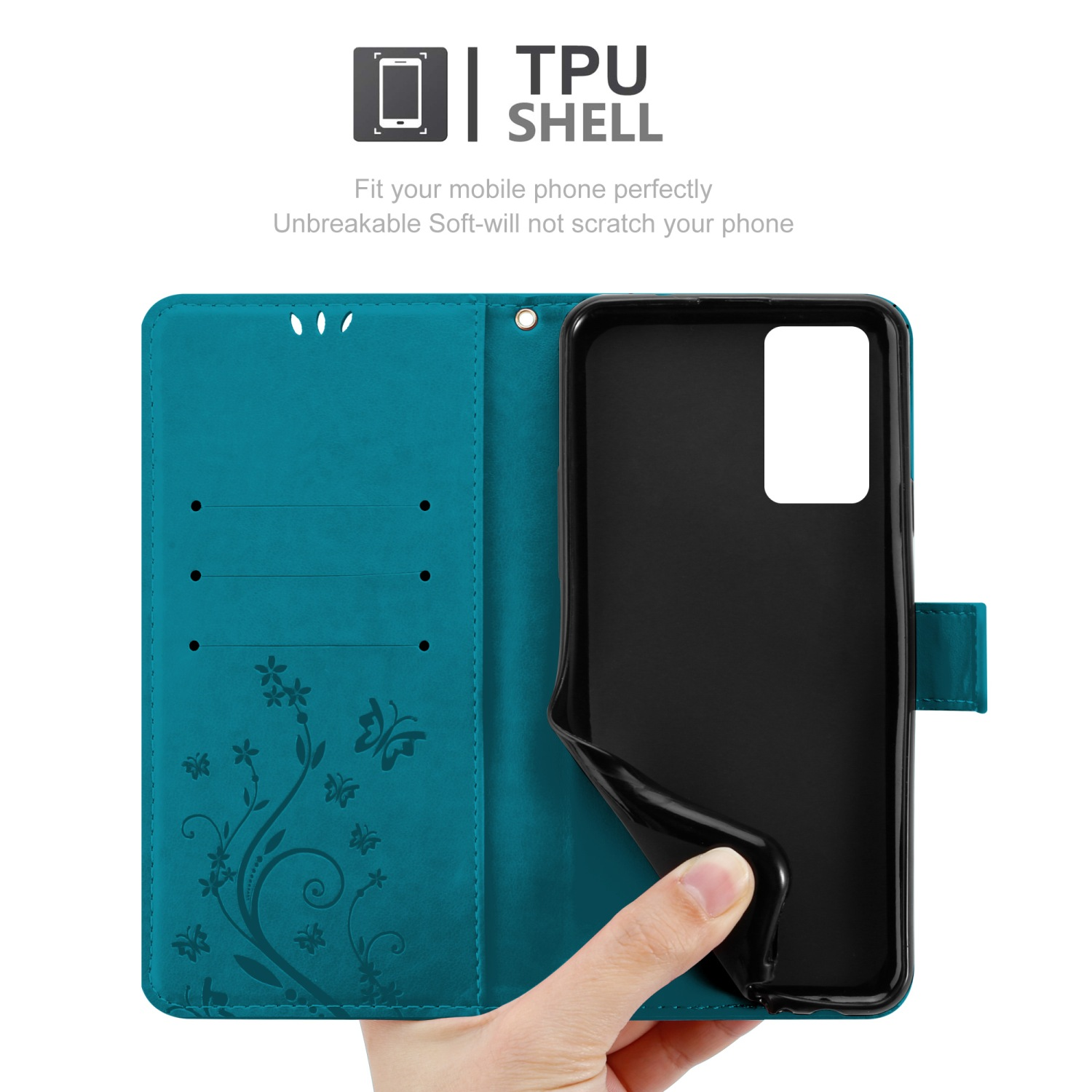Custodia per telefono aperta con esterno verde acqua, un telefono e un design floreale.