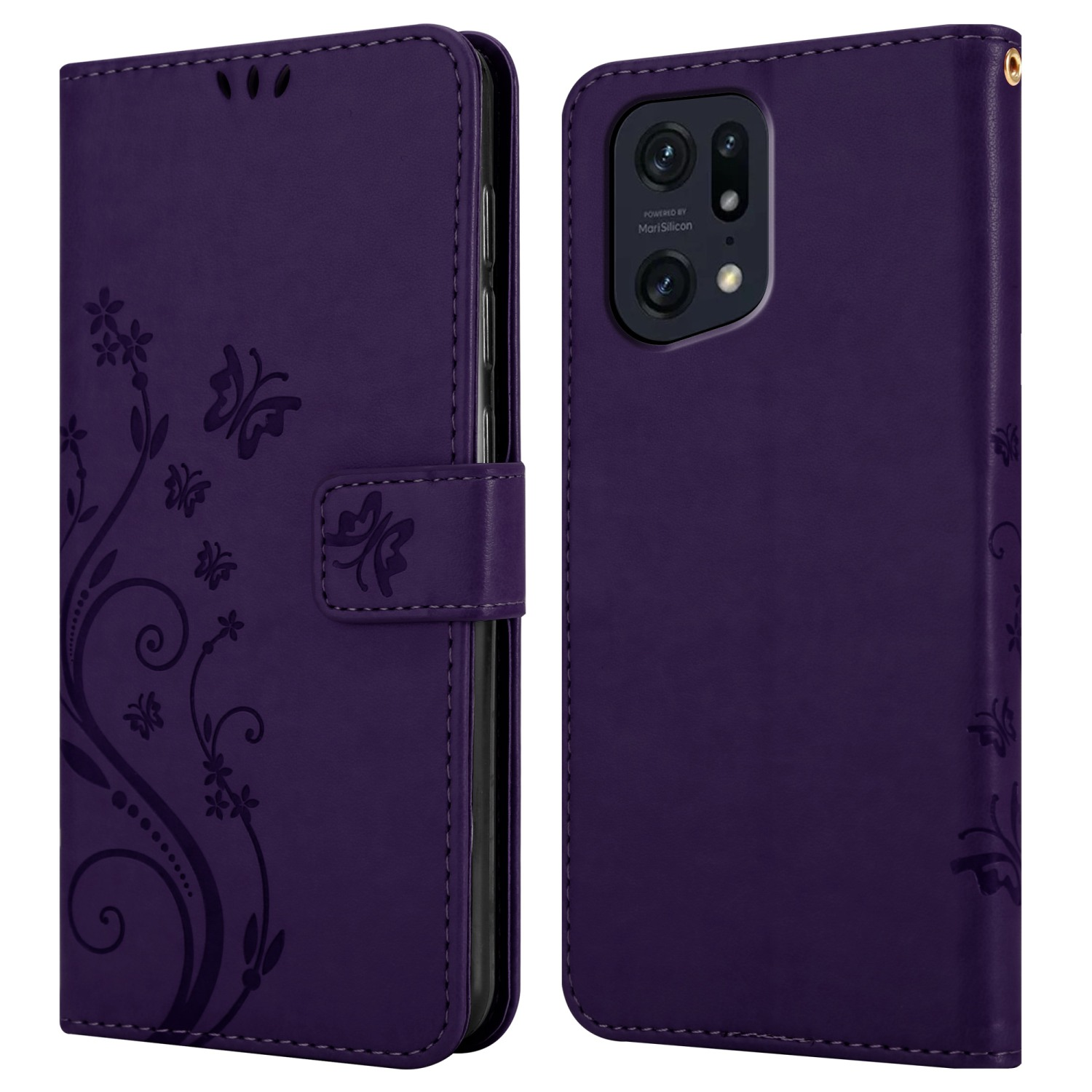 Una custodia per telefono viola, aperta, con un telefono all'interno. La custodia ha un design floreale.