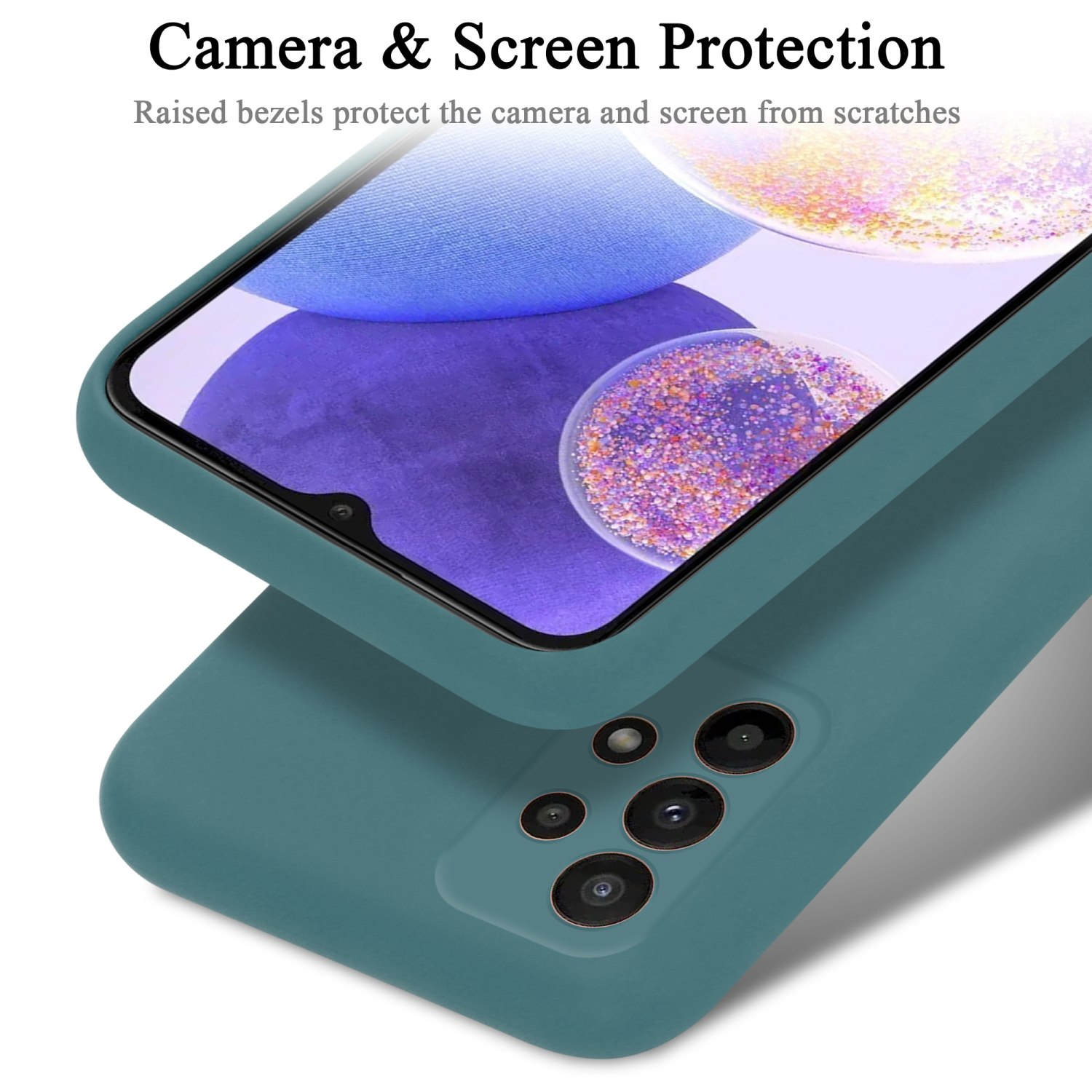 Un telefono in una custodia verde acqua. La custodia protegge la fotocamera e lo schermo dai graffi.