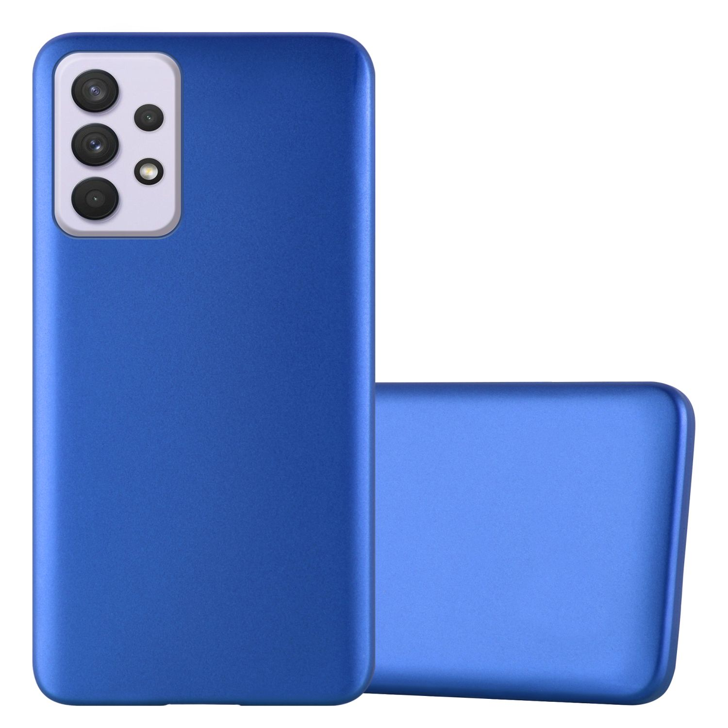 Zwei blaue Handyhüllen, eine stehend, eine liegend. Beide haben Kameraausschnitte hinten.
