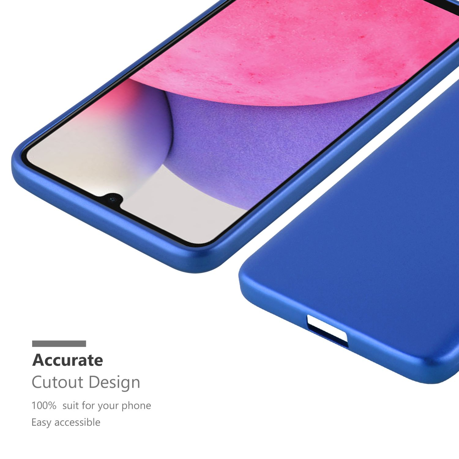 Nahaufnahme einer blauen Handyhülle über einem Telefon mit pinkfarbenem und lila Bildschirm.