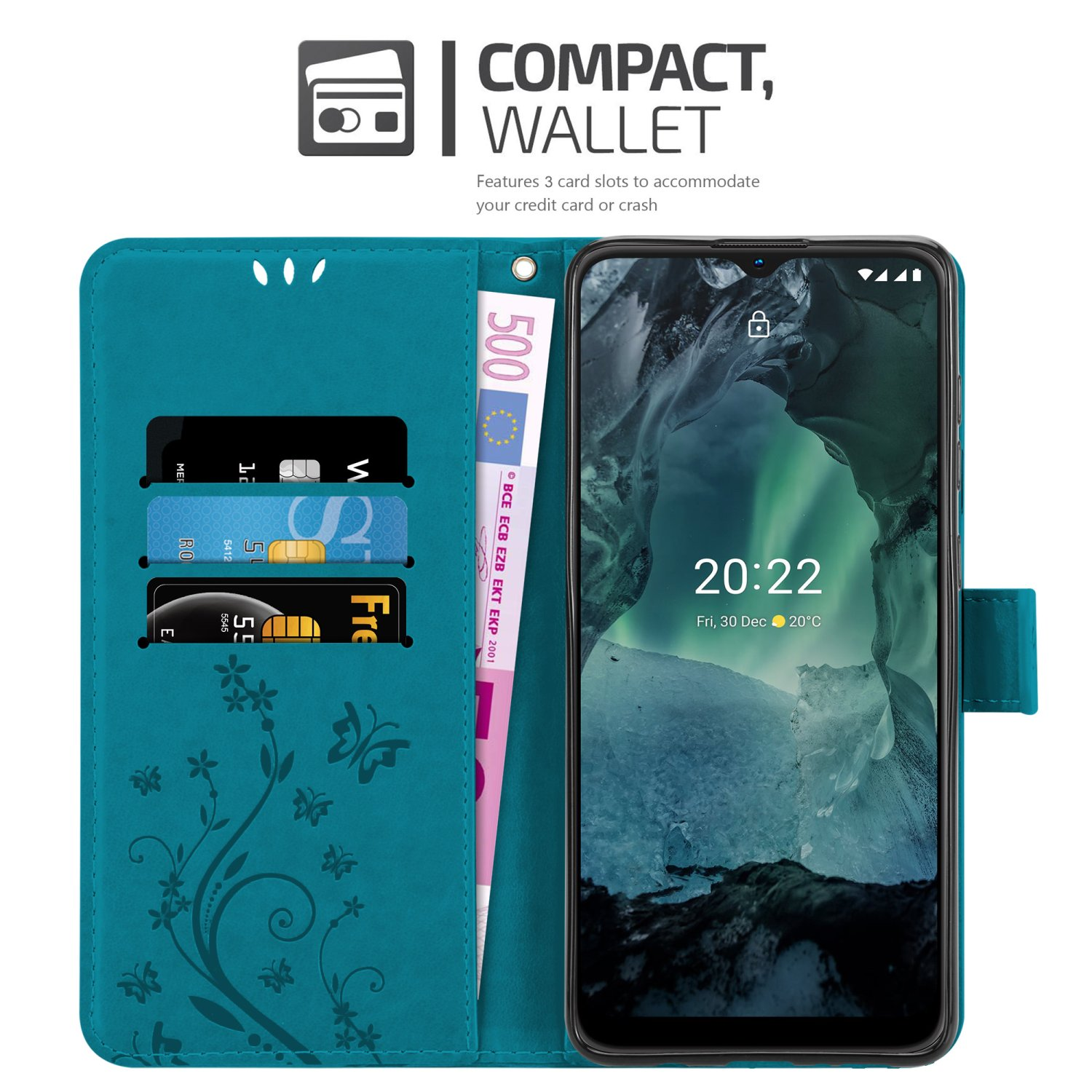 Custodia per telefono color verde acqua con motivi floreali. All'interno ci sono carte di credito e denaro. Il telefono è nero.