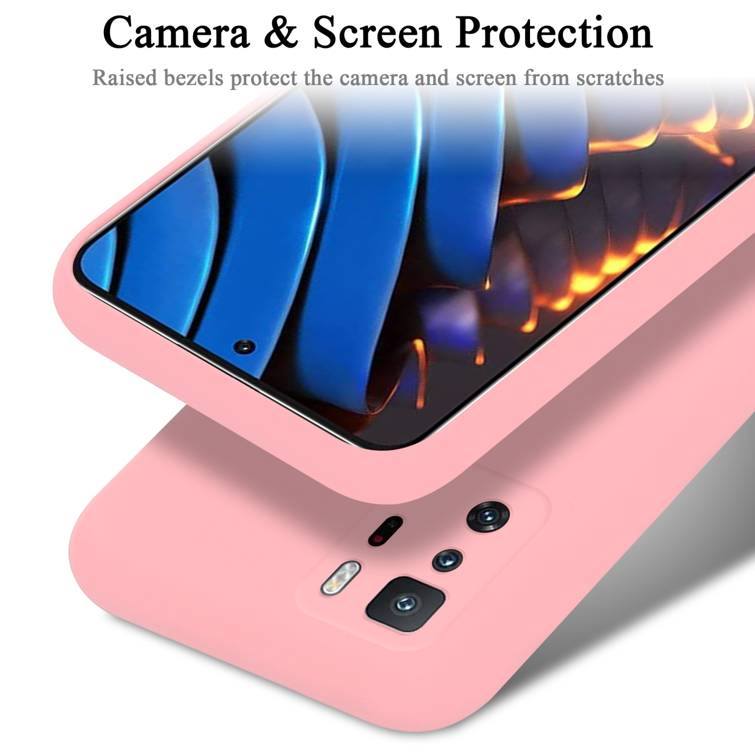 Rosa Handyhülle mit Telefon. Text sagt Kamera- und Bildschirmschutz.
