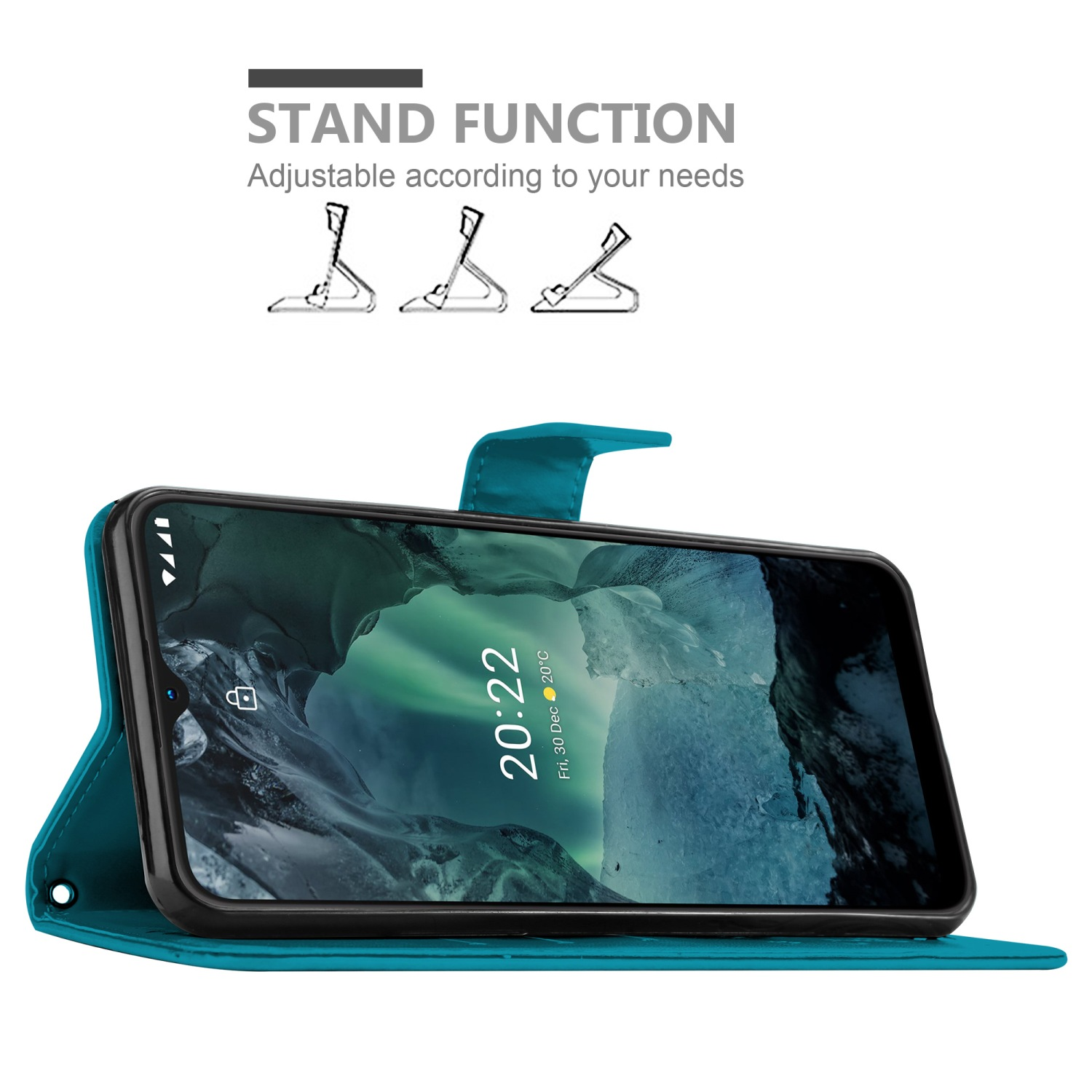 Custodia per telefono color verde acqua con funzione supporto, che tiene un telefono con l'ora, su bianco.