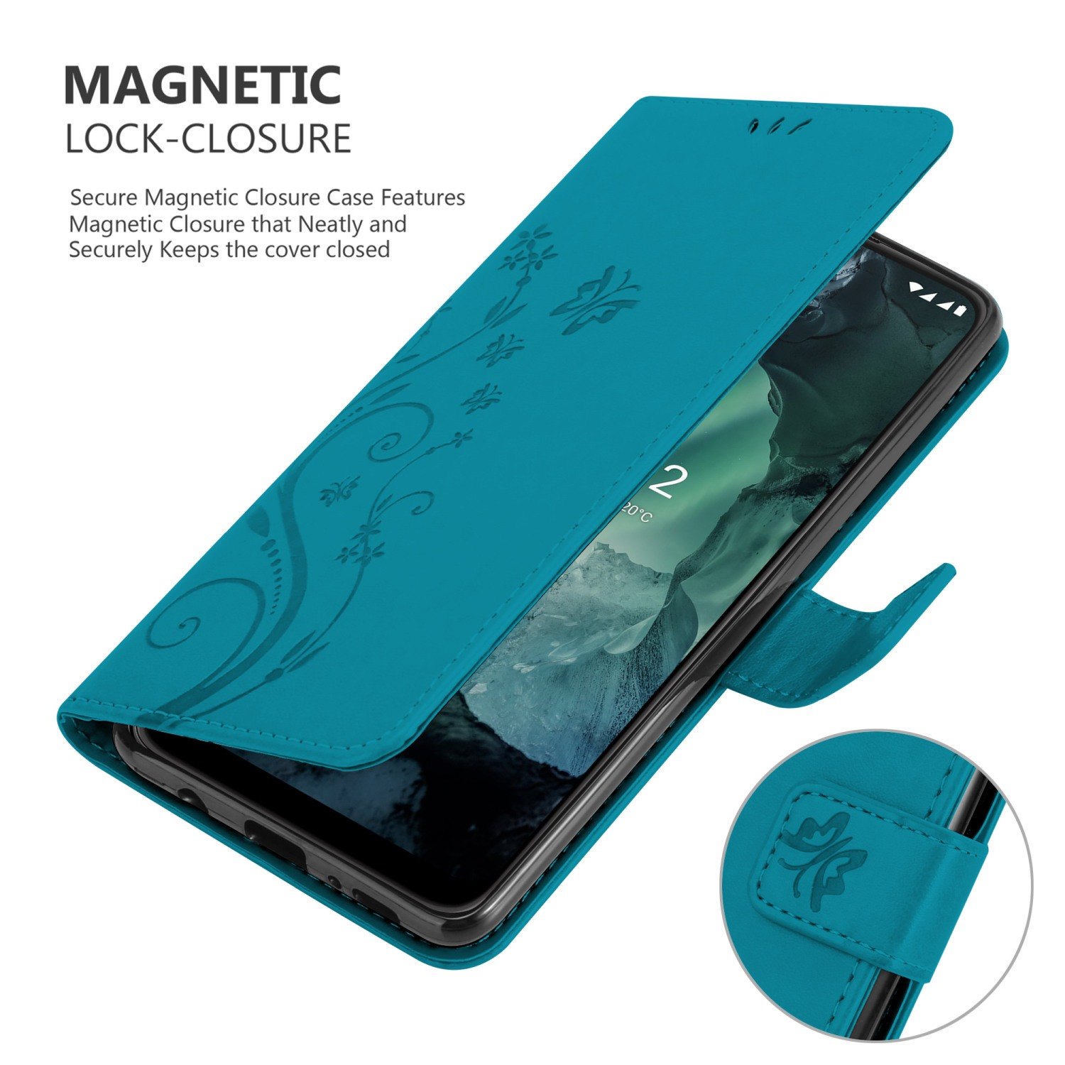 Custodia per telefono verde acqua aperta con un telefono all'interno. La custodia ha motivi floreali e una chiusura magnetica.