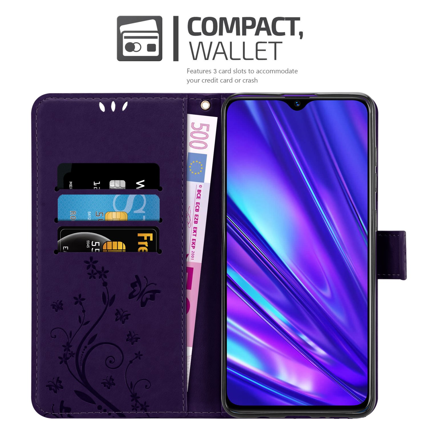 Custodia a portafoglio viola con telefono, fessure per carte e denaro. Design floreale.