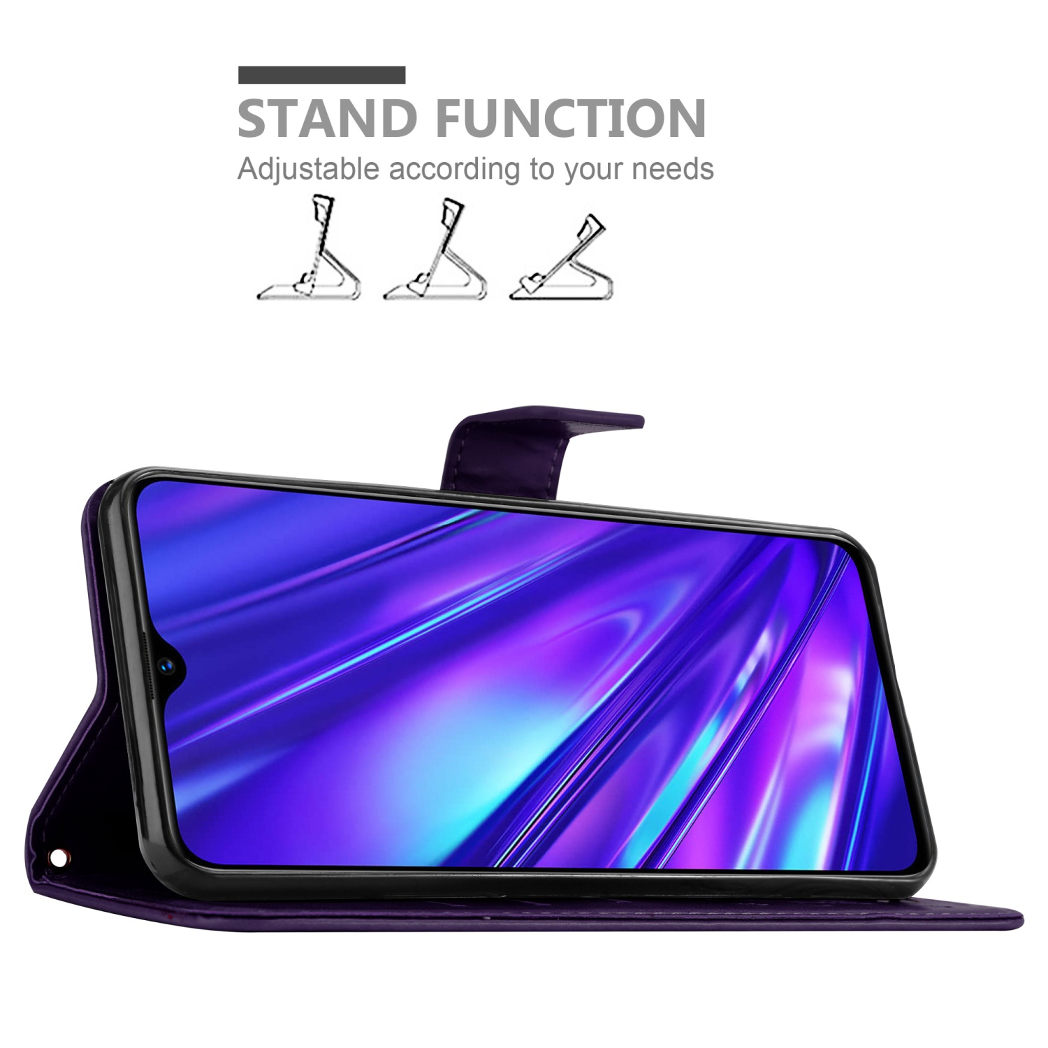 Telefono in una custodia viola. Il testo recita 'Stand Function'.