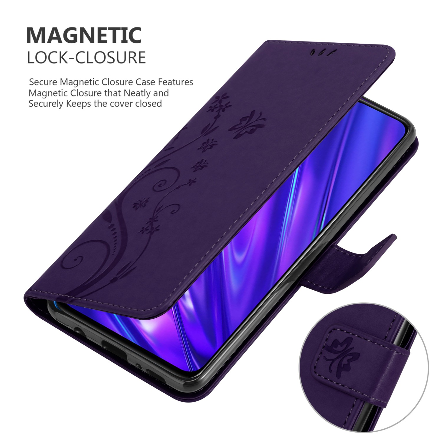 Custodia viola con telefono dentro, aperta. Testo 'Magnetic Lock-Closure' e motivi floreali visibili.