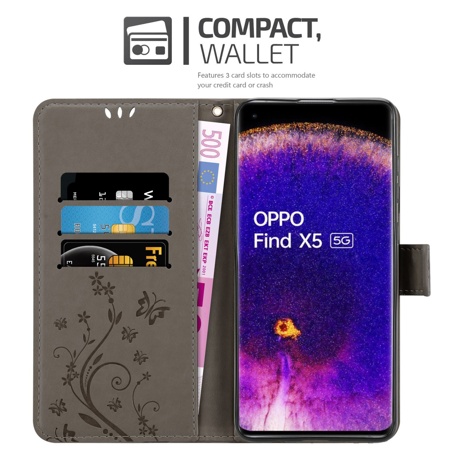 Custodia grigia per telefono aperta con carte e denaro all'interno. Lo schermo del telefono mostra il design. Dettagli di fiori e farfalle.