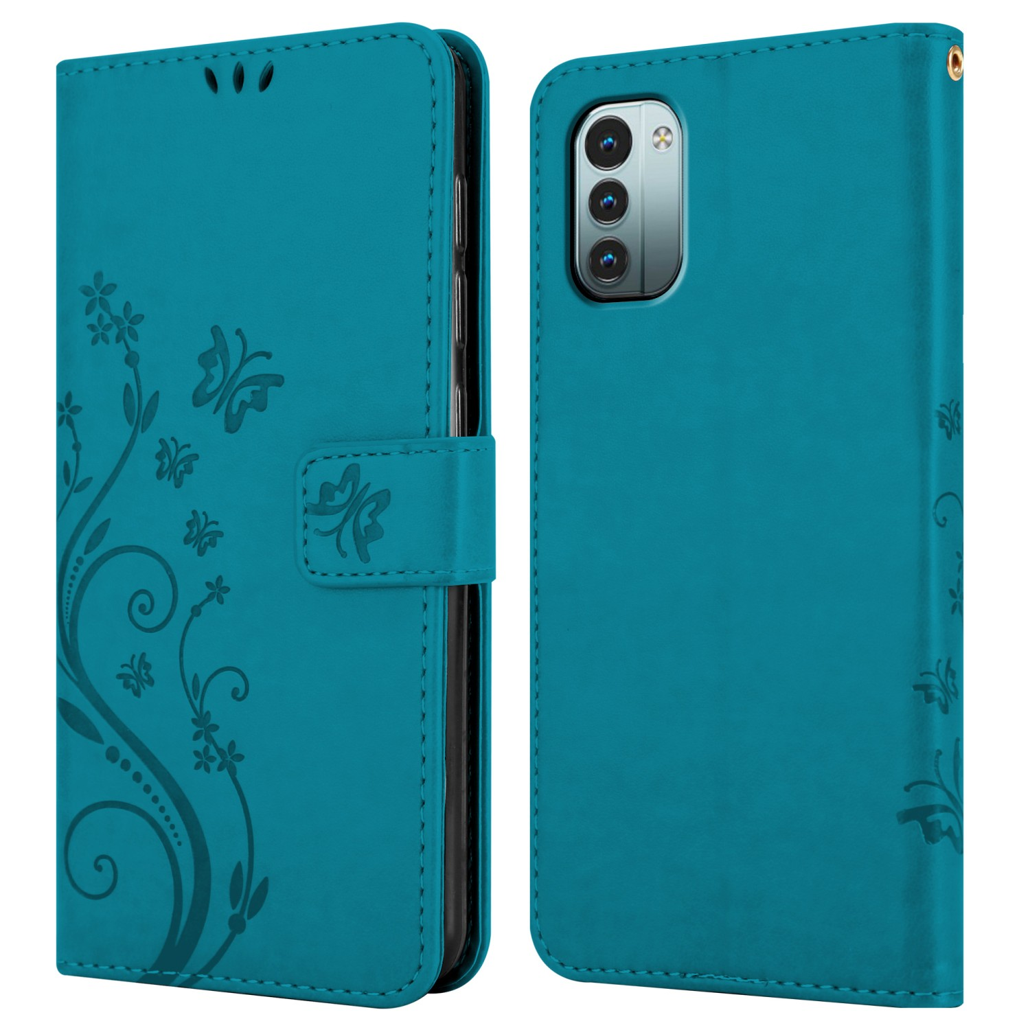 Custodia per telefono turchese con design floreale, aperta e che mostra le fotocamere del telefono.