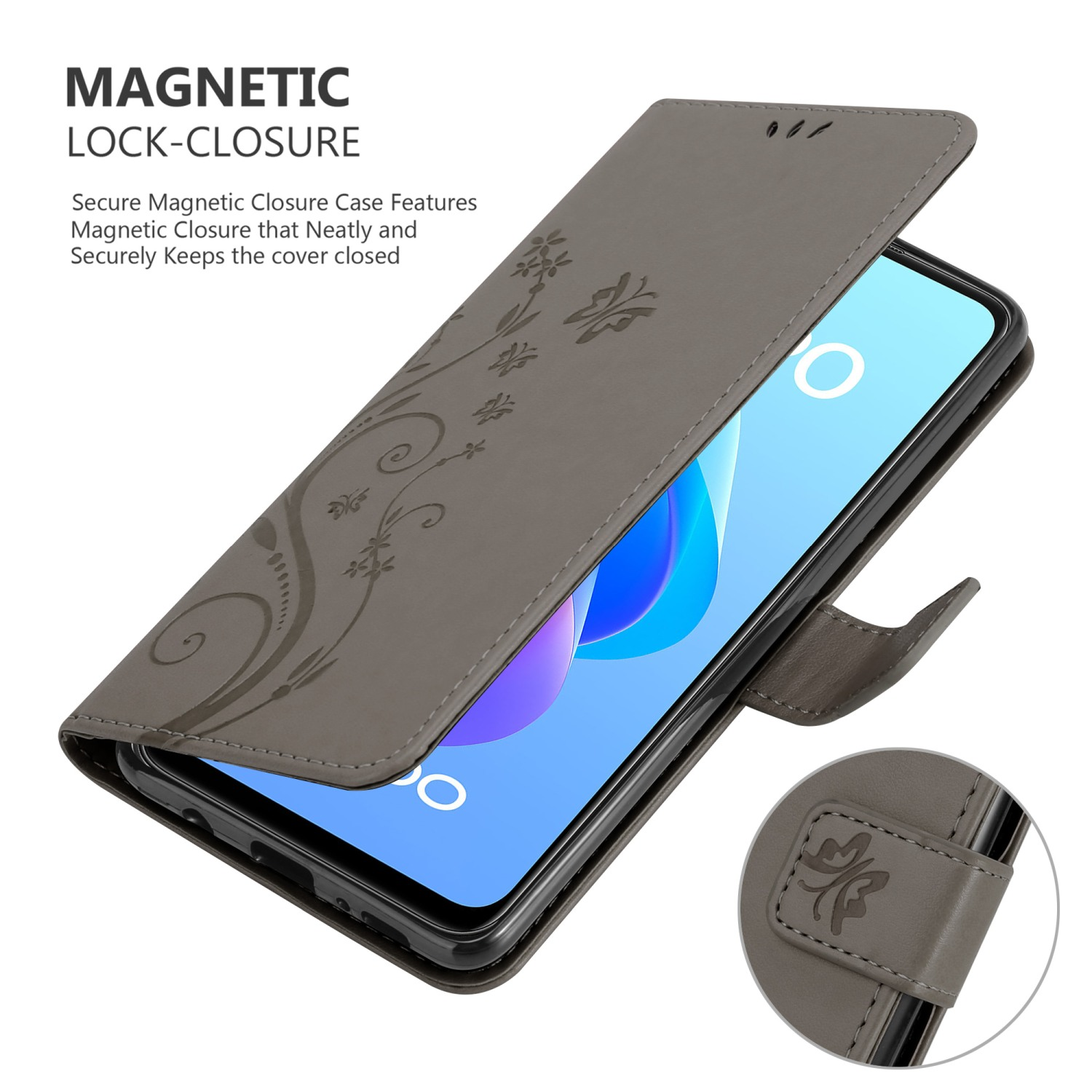 Una custodia per telefono con un motivo floreale è aperta, con il telefono all'interno. La chiusura magnetica è evidenziata.