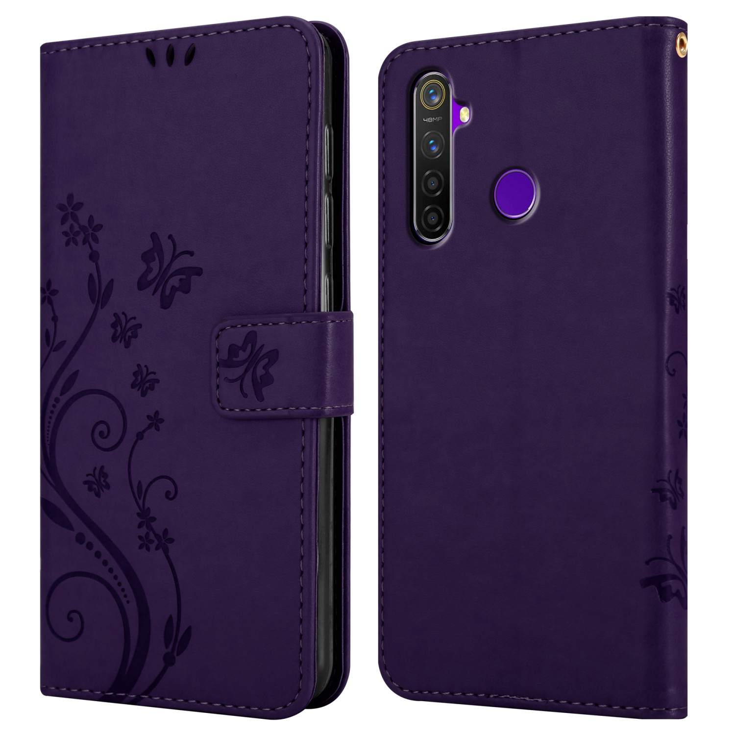Custodia per telefono viola con design a farfalla, chiusa e aperta. La custodia aperta mostra un telefono.