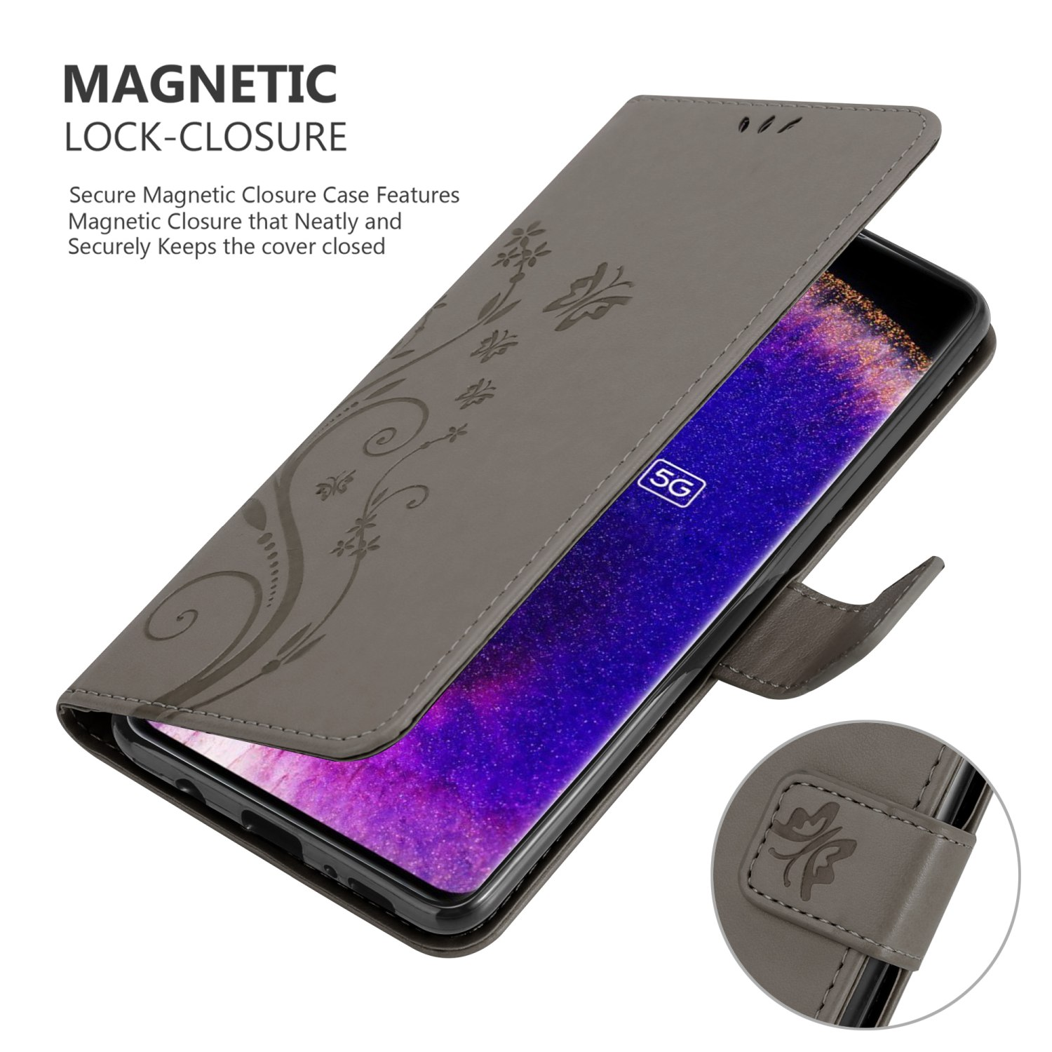 Una custodia per telefono grigia con un design floreale, aperta per mostrare il telefono.