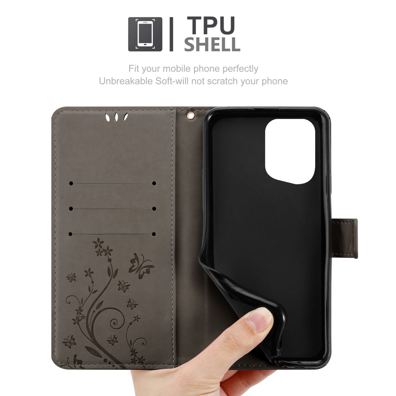 Custodia per telefono con mano e telefono. La custodia è aperta, mostrando il telefono. Testo: TPU Shell.