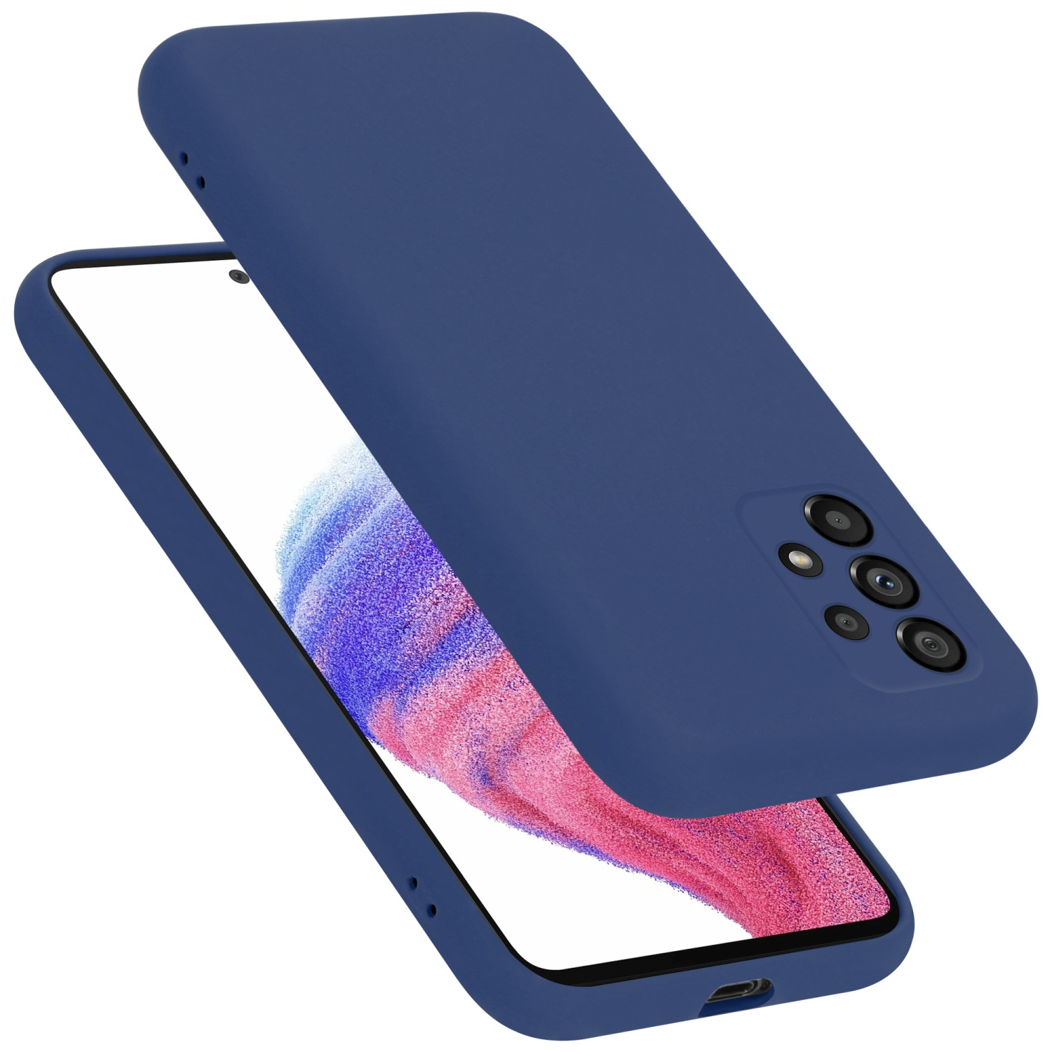 Blaue Handyhülle mit offenem Telefon. Die Kamera des Telefons befindet sich oben rechts.