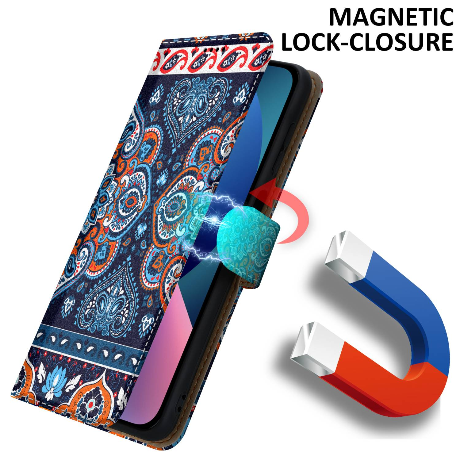 Ein Telefon in einer gemusterten Hülle wird von einem Magneten offen gehalten, neben einem Magneten.