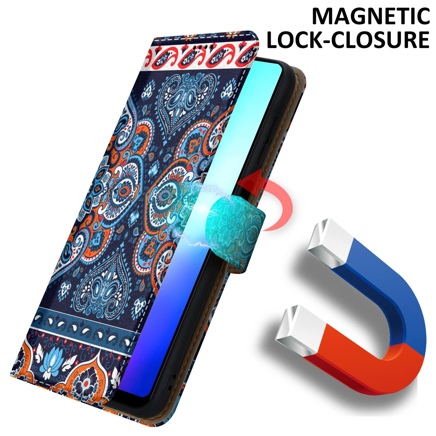 Custodia del telefono aperta, motivo, chiusura magnetica e un magnete rosso e blu.
