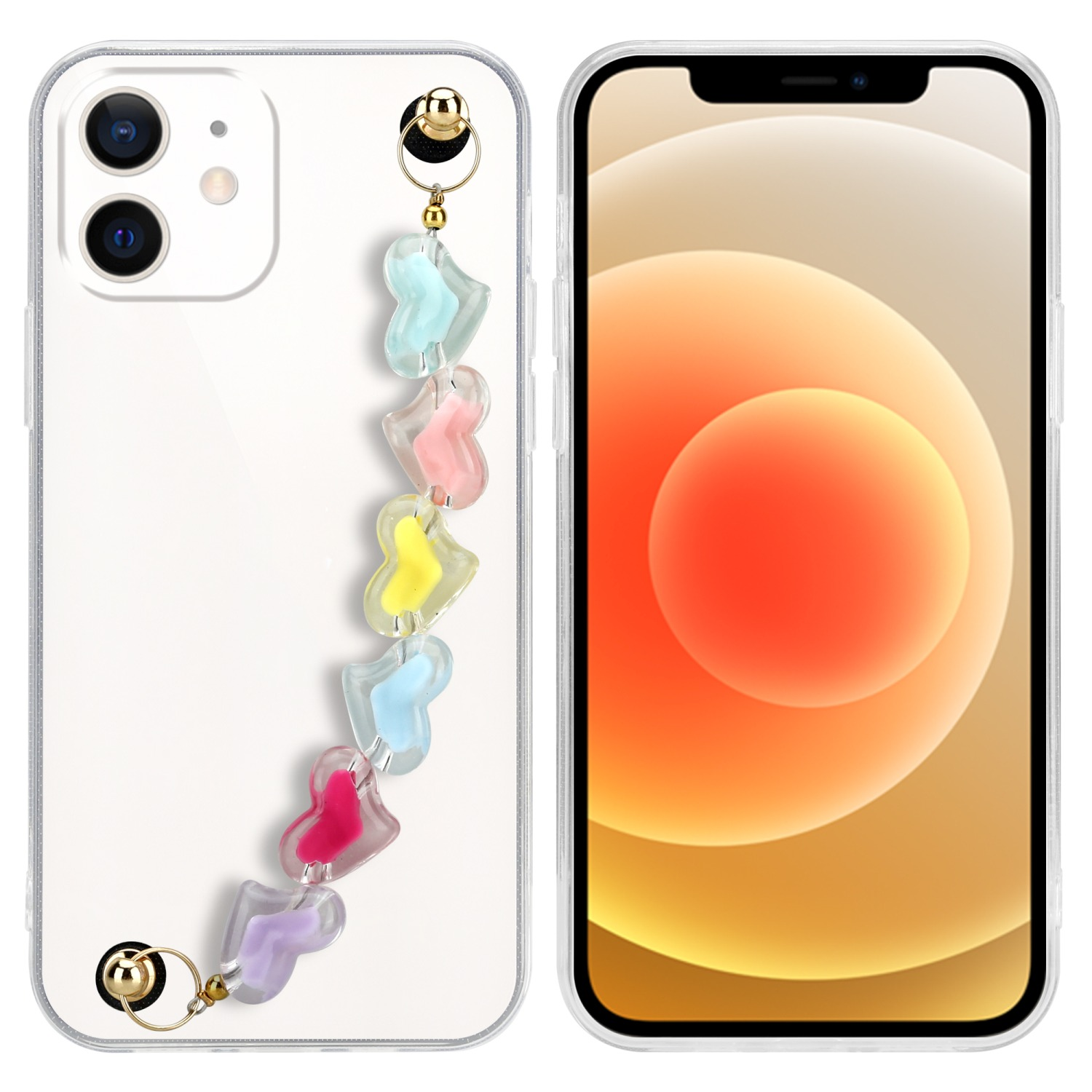Transparente Handyhülle mit bunten Herzriemen und Telefon mit Hintergrund.