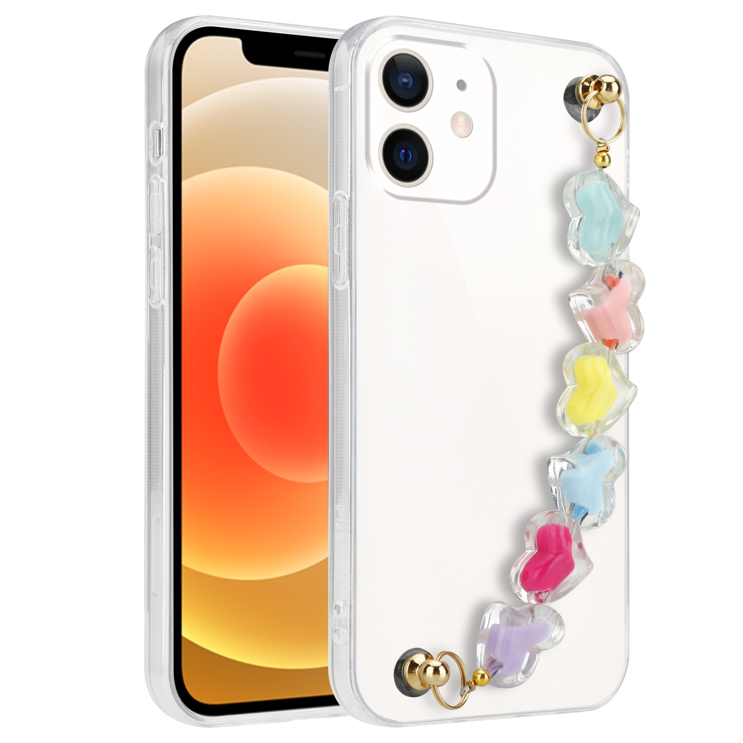 Transparente Handyhülle mit Telefon darin und einem Anhänger mit bunten Herzformen, die von unten herabhängen.