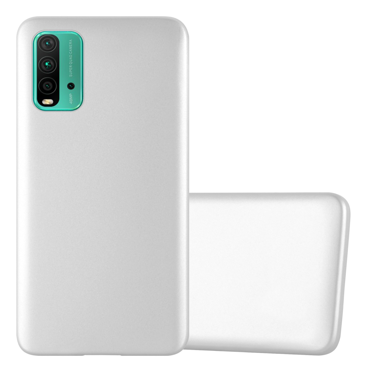 Funda de teléfono plateada sobre fondo blanco. La funda es plateada y tiene 3 cámaras en la parte trasera.