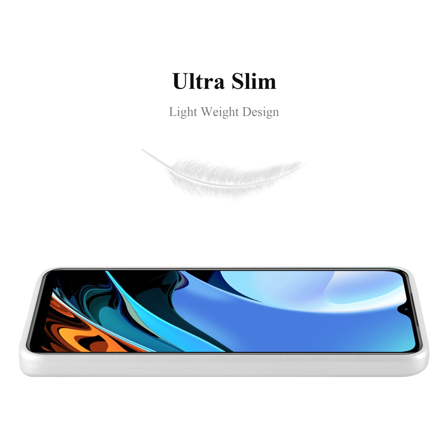 Una funda de teléfono blanca, con un teléfono dentro. La imagen es contra un fondo blanco liso.