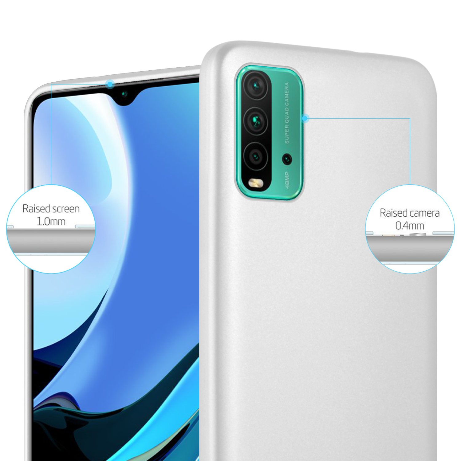 Una funda de teléfono blanca con un teléfono dentro. La pantalla y la cámara están elevadas, con medidas proporcionadas.