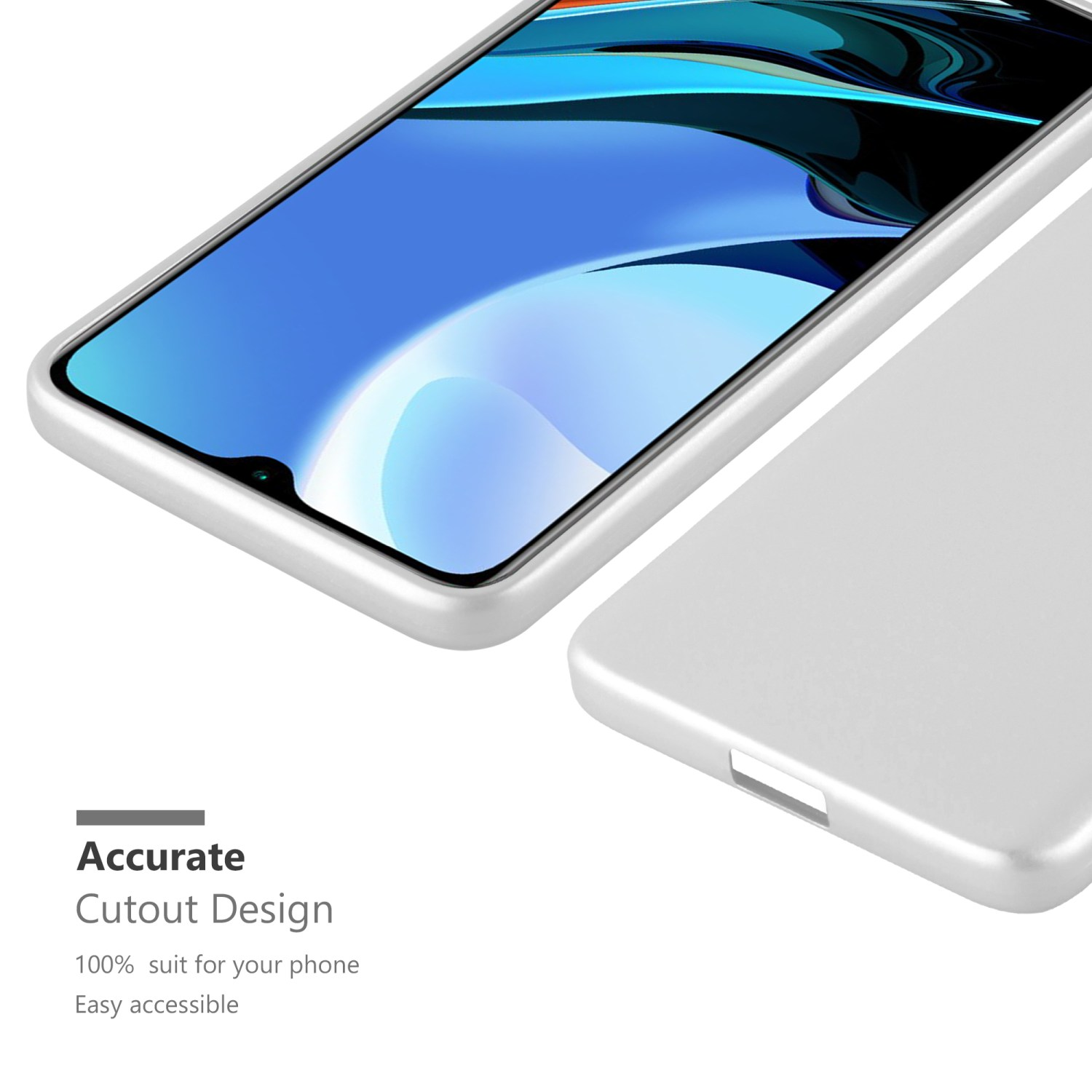 Funda de teléfono plateada con un teléfono. El teléfono está en el marco plateado. El teléfono es blanco.