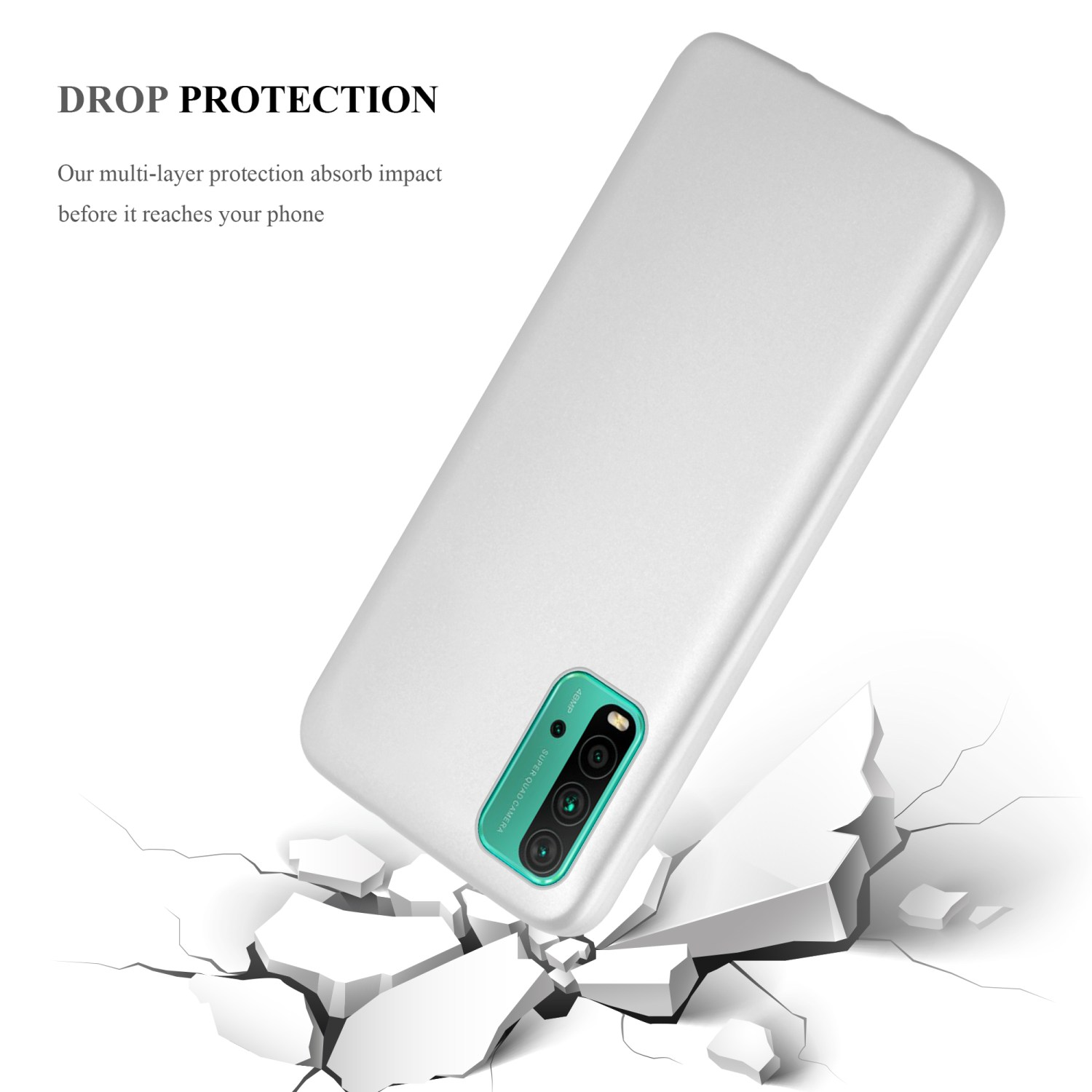 Funda de teléfono blanca cayendo. La funda está sobre una superficie con grietas.