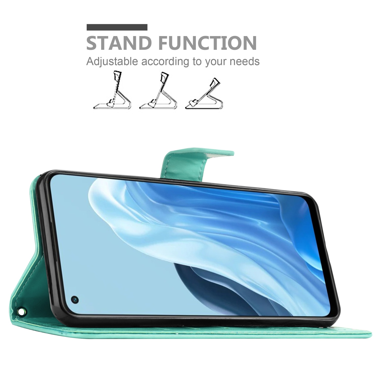 Telefono in una custodia a portafoglio turchese aperta. Il telefono mostra un'immagine blu e bianca.