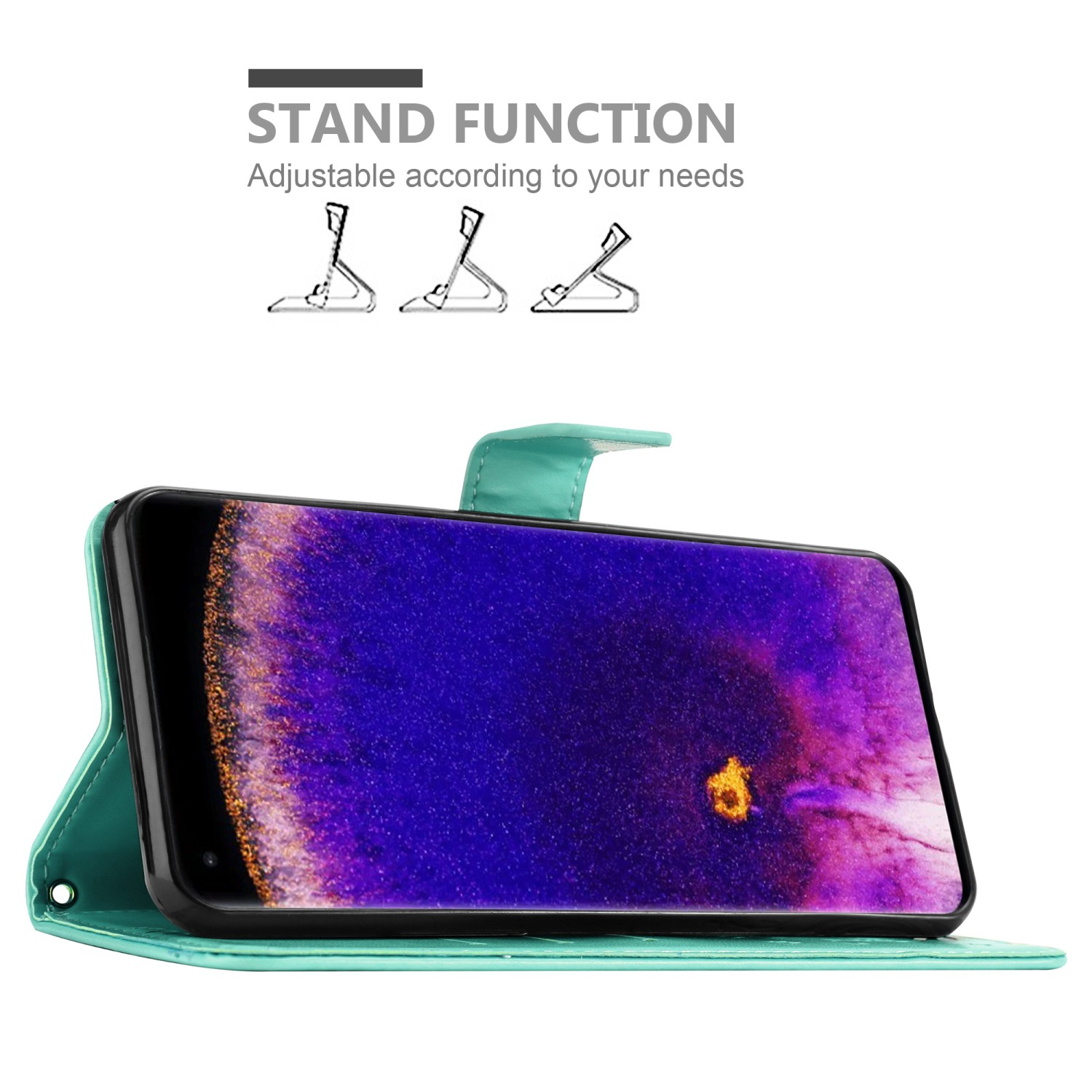 Custodia verde acqua, aperta per mostrare il telefono. Testo: Funzione stand, regolabile in base alle tue esigenze.