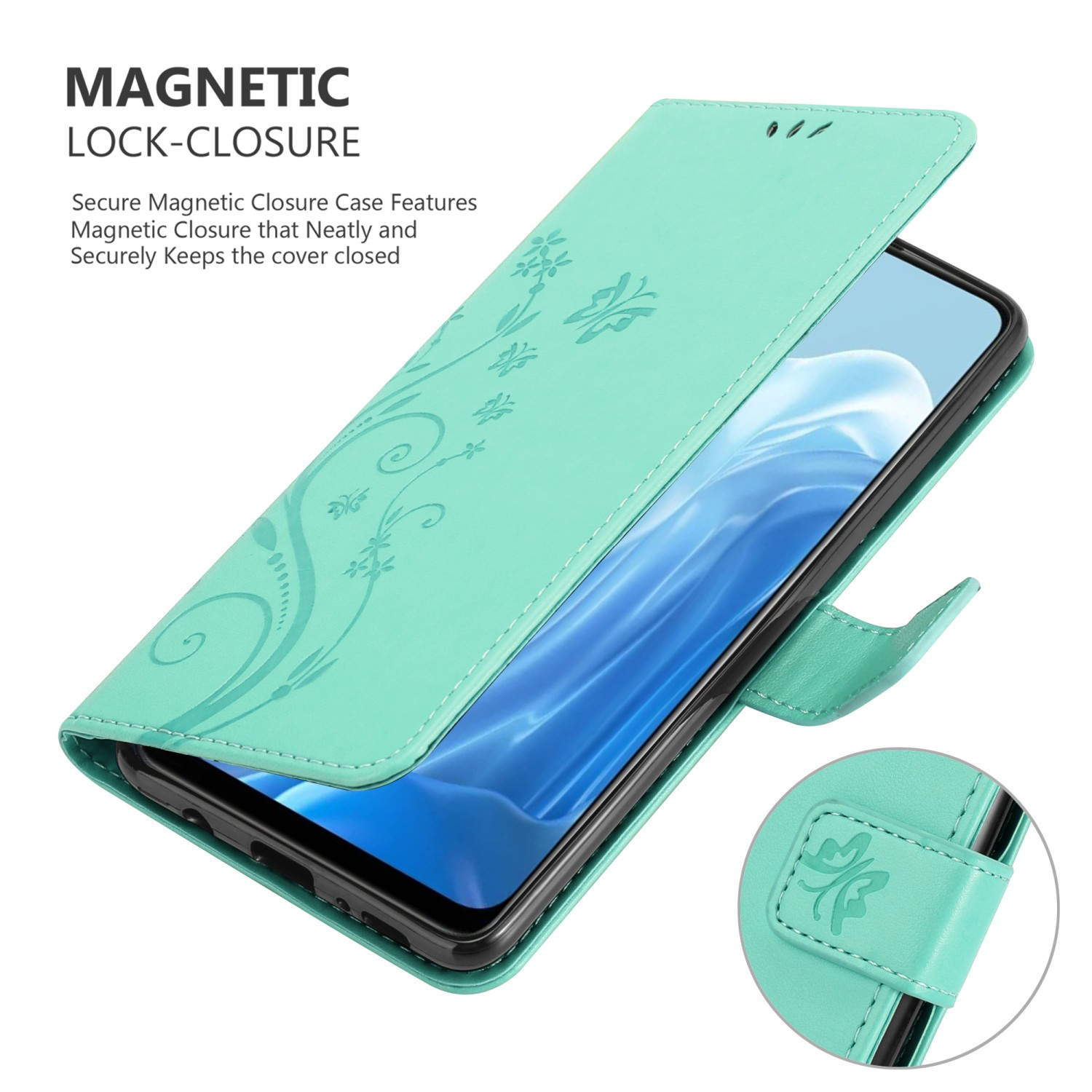 Custodia per telefono color verde acqua con design floreale, chiusura magnetica, mostra un telefono, su sfondo bianco.