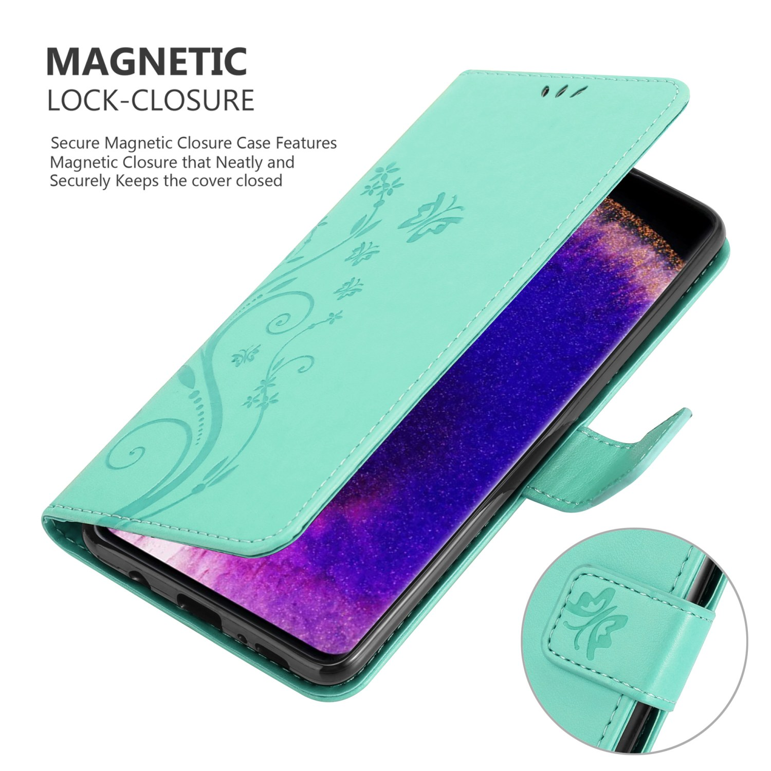 Una custodia turchese per telefono è aperta, design floreale sulla cover, che rivela un telefono. Un piccolo dettaglio della chiusura è visibile.