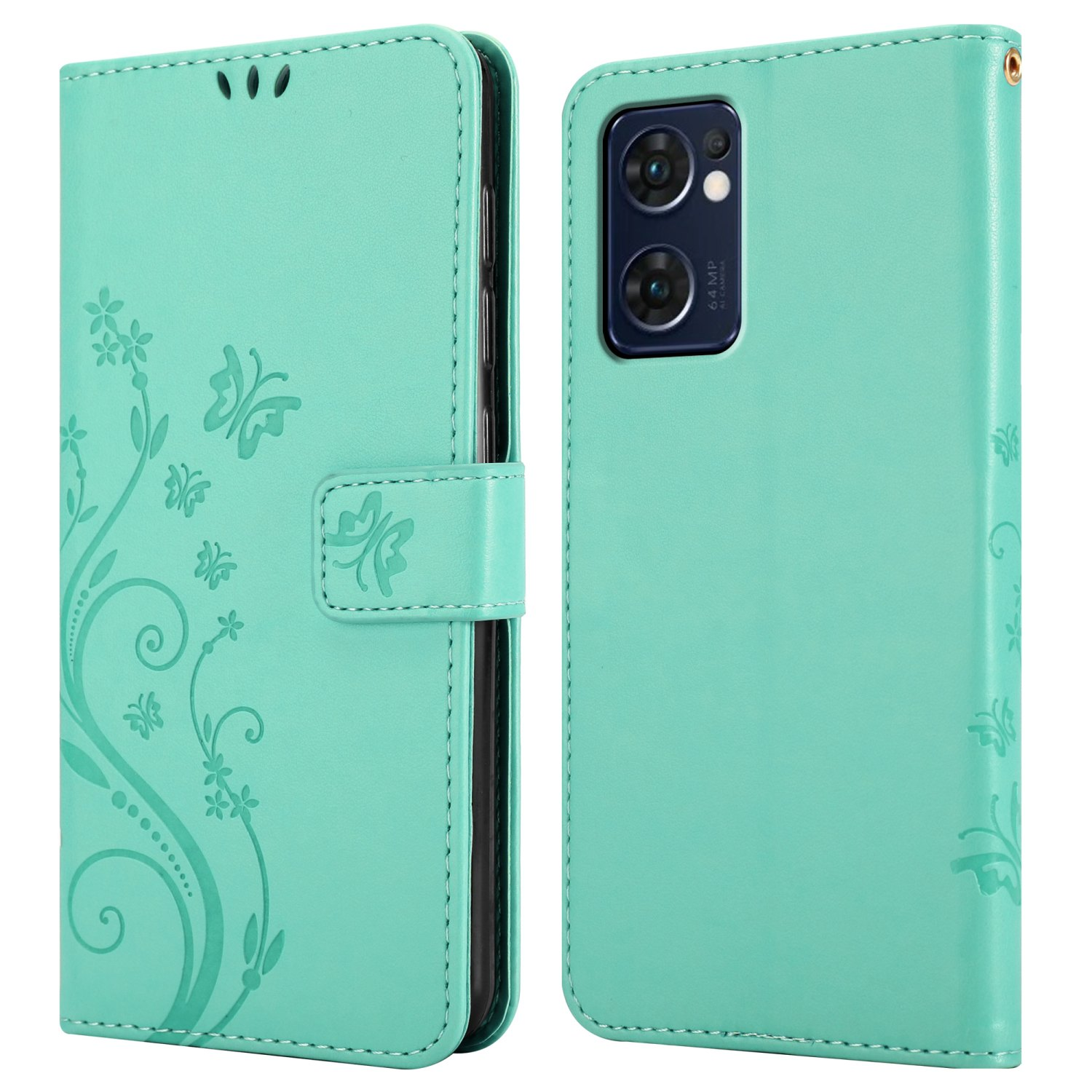 Una custodia turchese, aperta, con un telefono dentro. La custodia ha un design floreale.
