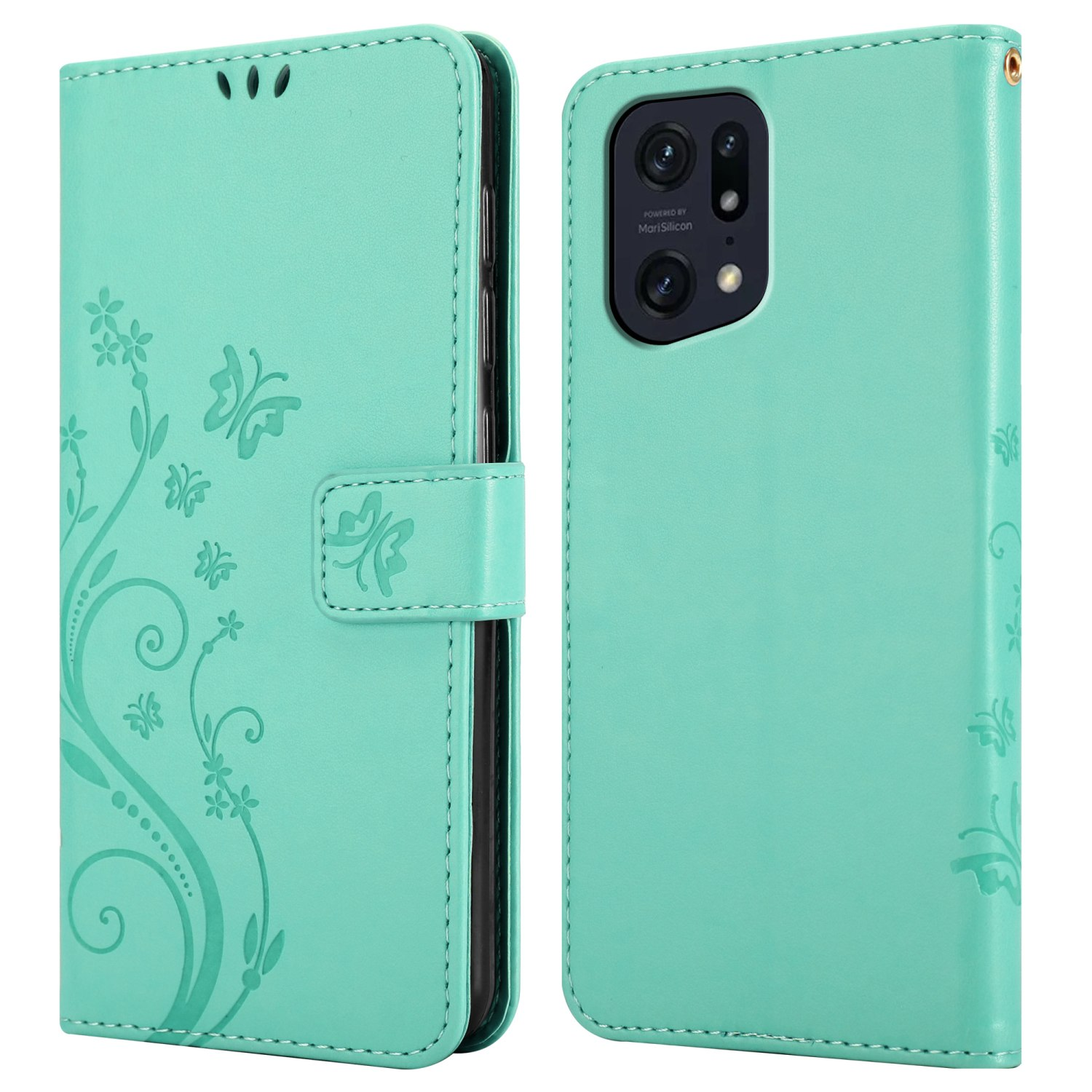 Custodia per telefono verde menta con motivi floreali. Il telefono è nero.