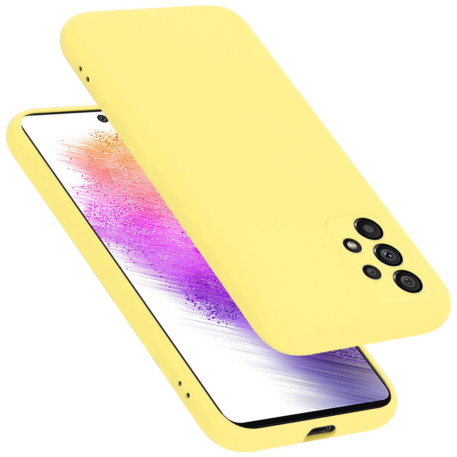 Gelbe Handyhülle mit dem Telefon darin, enthüllt einen lila und gelben Hintergrund.
