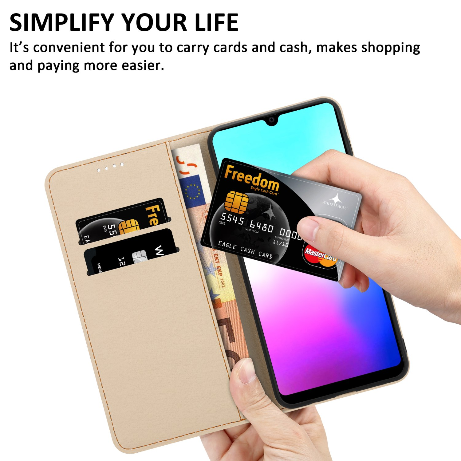 Una custodia per telefono con scomparti per carte è mostrata aperta, con carte e un telefono, promuovendo acquisti facili.