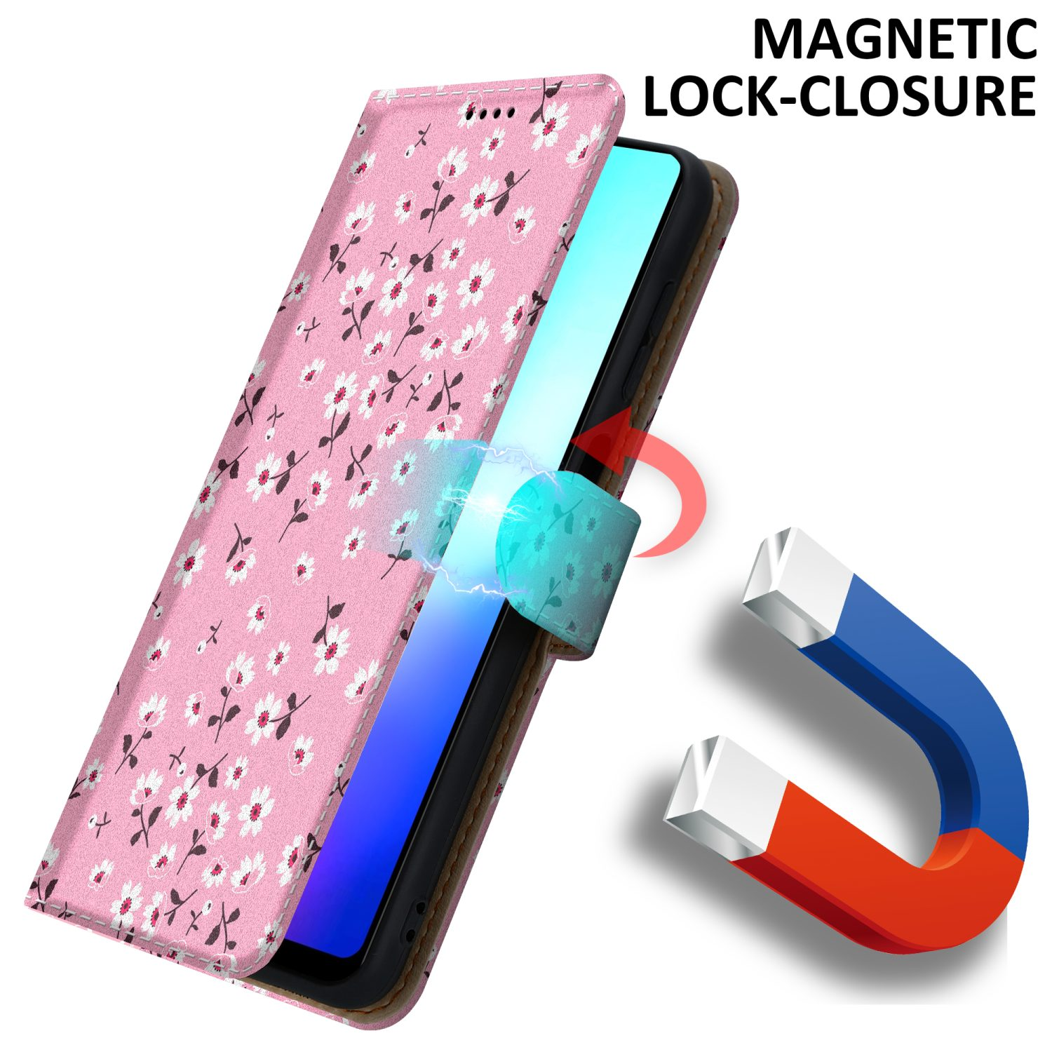 Una custodia per telefono rosa con fiori bianchi. Testo: Chiusura magnetica. Una calamita è attratta dalla custodia.